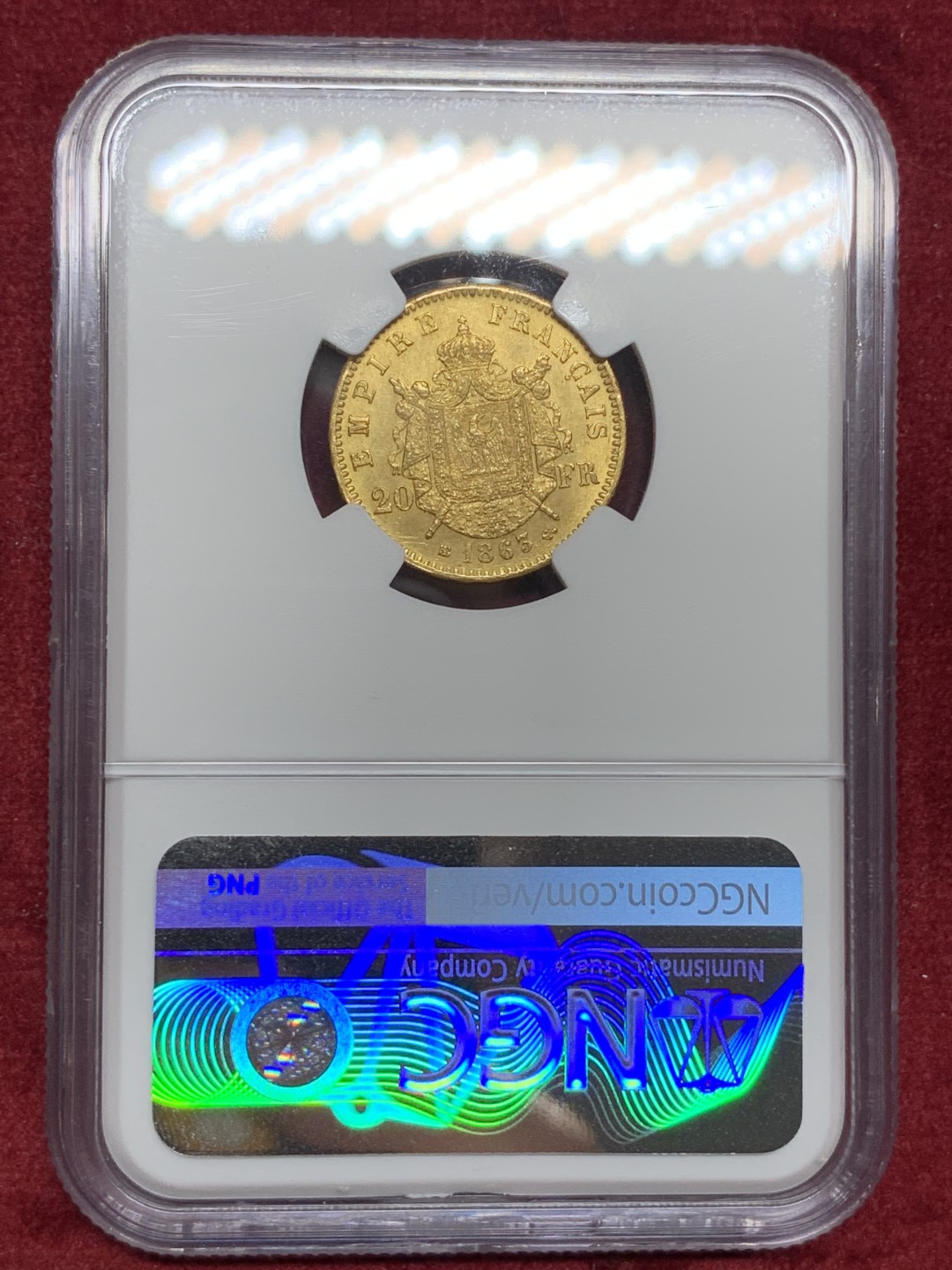 《竞宝斋》第77场-本周日，周一，周四3场拍卖（全场不限金额包邮） NGC-MS62 法国 1863-BB年拿破仑三世 斯特拉斯堡厂造 20法郎金币 拿三磨损居多 有MS62挺不错