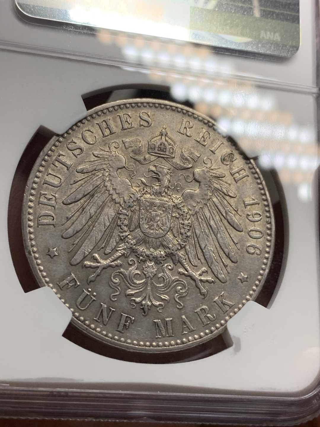 《竞宝斋》第77场-本周日，周一，周四3场拍卖（全场不限金额包邮） NGC-AU55 德国不来梅 1906-J年 狮子盾牌 5马克大银币 原味好品 稀少邦州