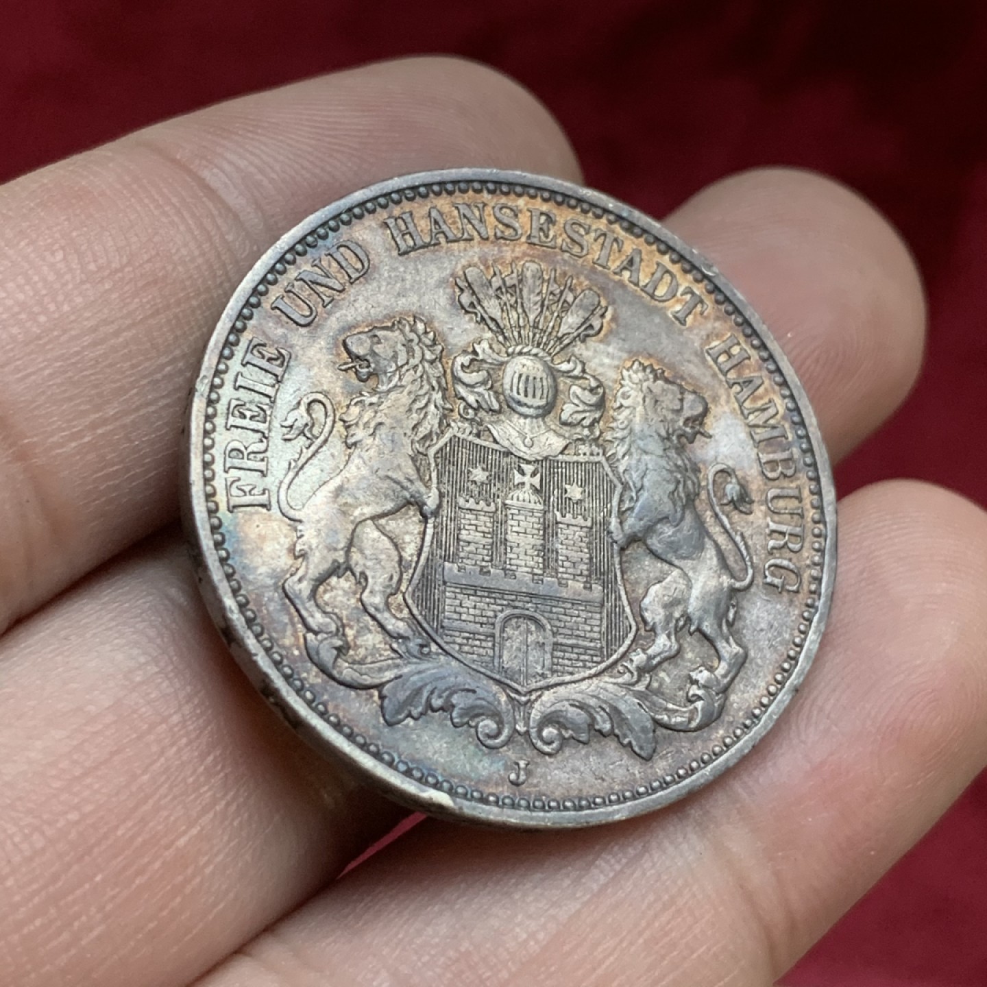 《竞宝斋》第77场-本周日，周一，周四3场拍卖（全场不限金额包邮） 德国汉堡市双狮3马克，自然黑包浆，1909年。