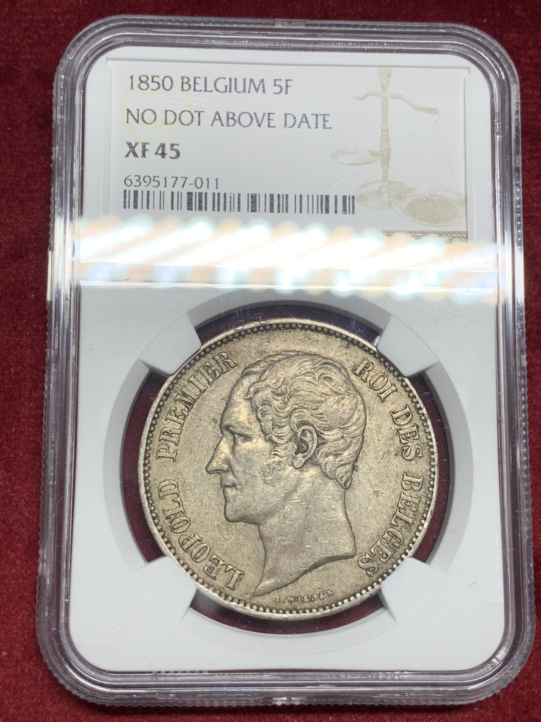 《竞宝斋》第77场-本周日，周一，周四3场拍卖（全场不限金额包邮） NGC-XF45 比利时 1850年 利奥波德一世 5法郎大银币 无点版 原味老包浆