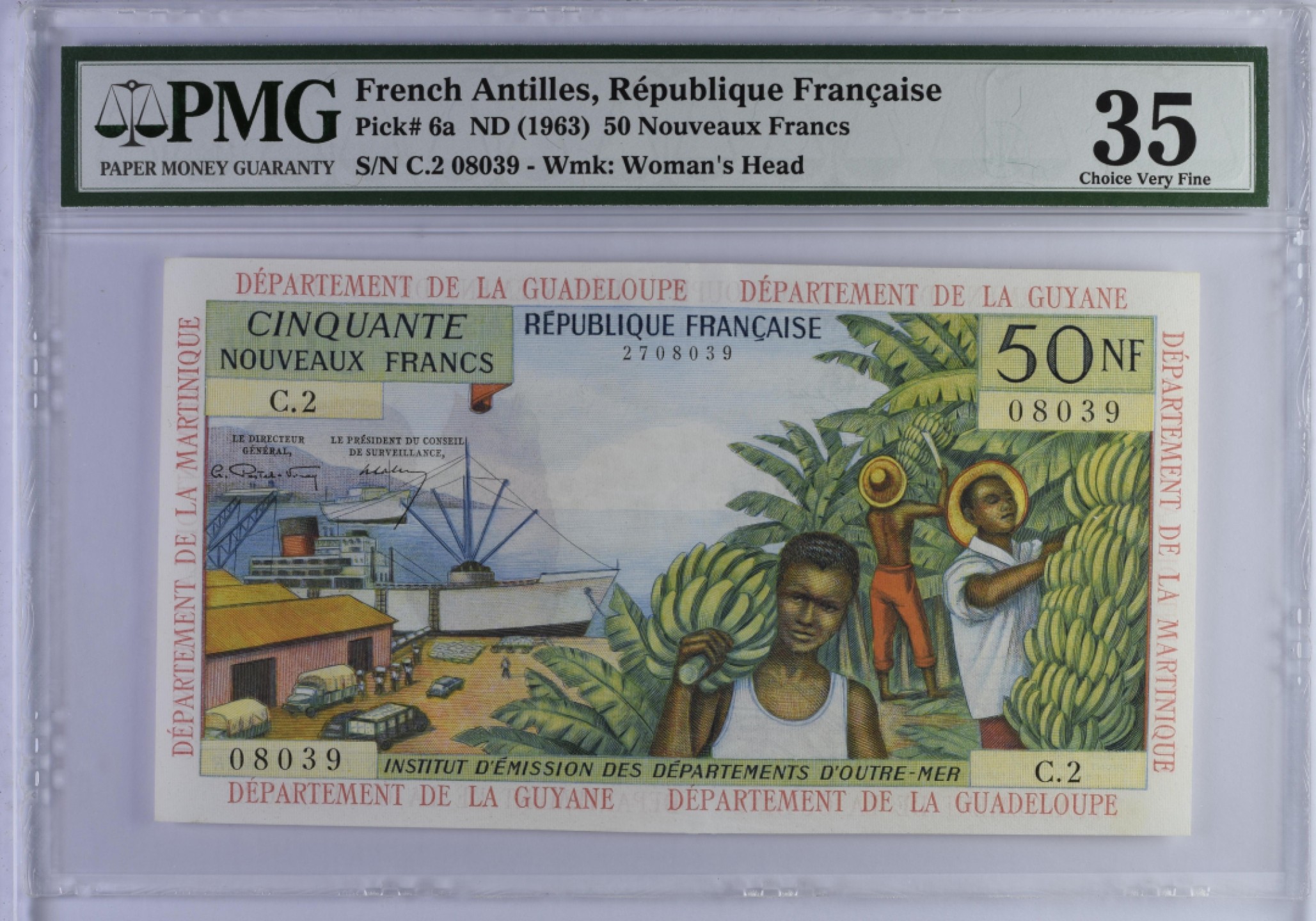 收藏联盟Quantum Auction 第179期拍卖 法属安的列斯1963年NF50法郎 PMG35 扛香蕉