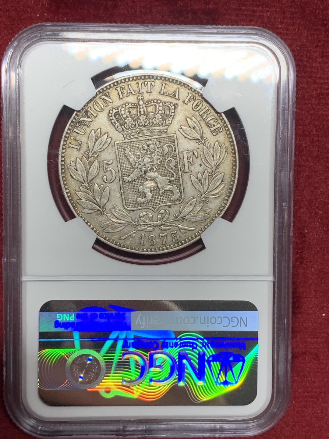 《竞宝斋》第77场-本周日，周一，周四3场拍卖（全场不限金额包邮） NGC-AU53 比利时 1875年 利奥波德二世 5法郎 大银币 原味好品