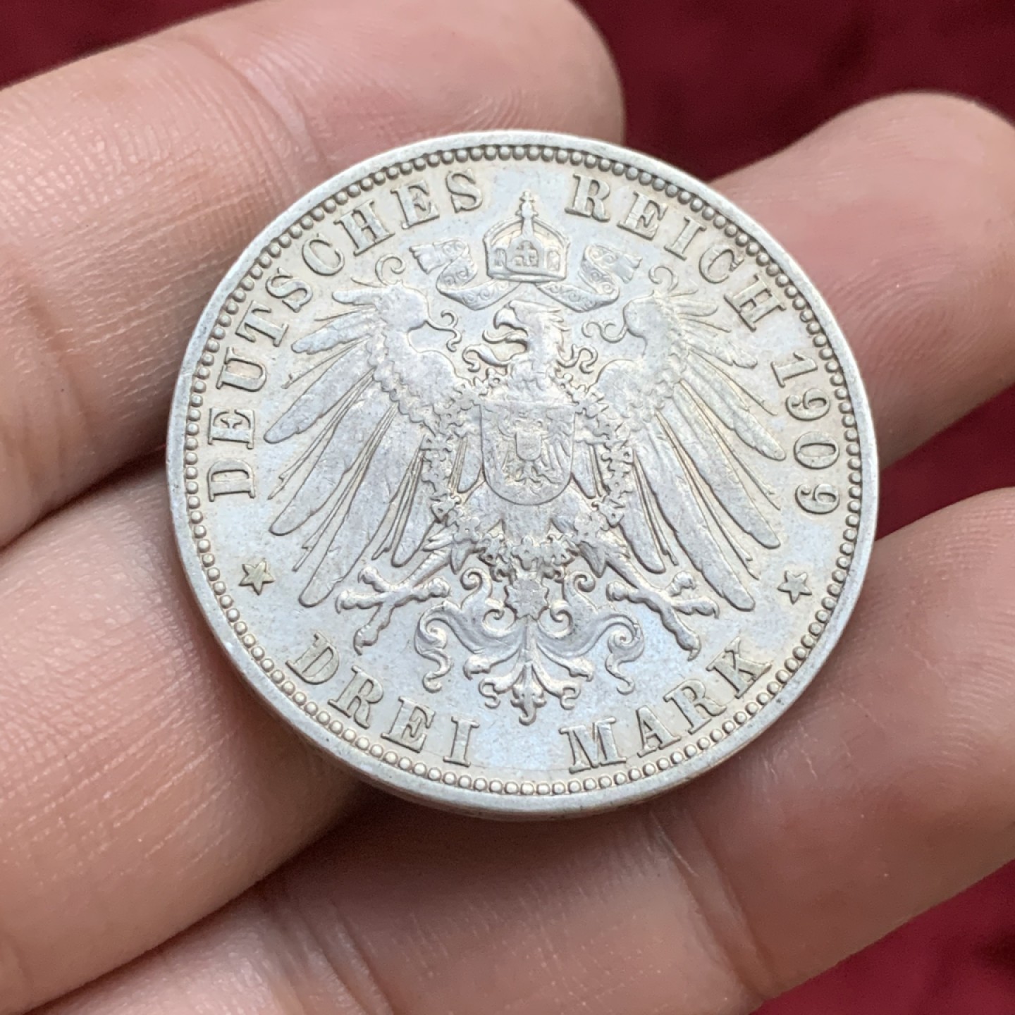 《竞宝斋》第77场-本周日，周一，周四3场拍卖（全场不限金额包邮） 德国威廉二世3马克银币，略带黄油光，1909年A厂。