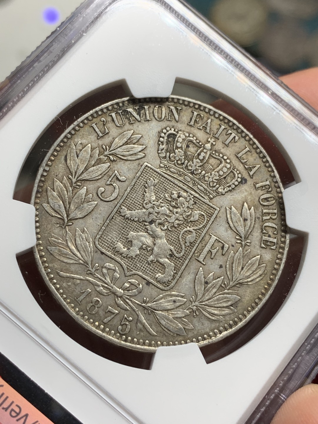 《竞宝斋》第77场-本周日，周一，周四3场拍卖（全场不限金额包邮） NGC-AU53 比利时 1875年 利奥波德二世 5法郎 大银币 原味好品