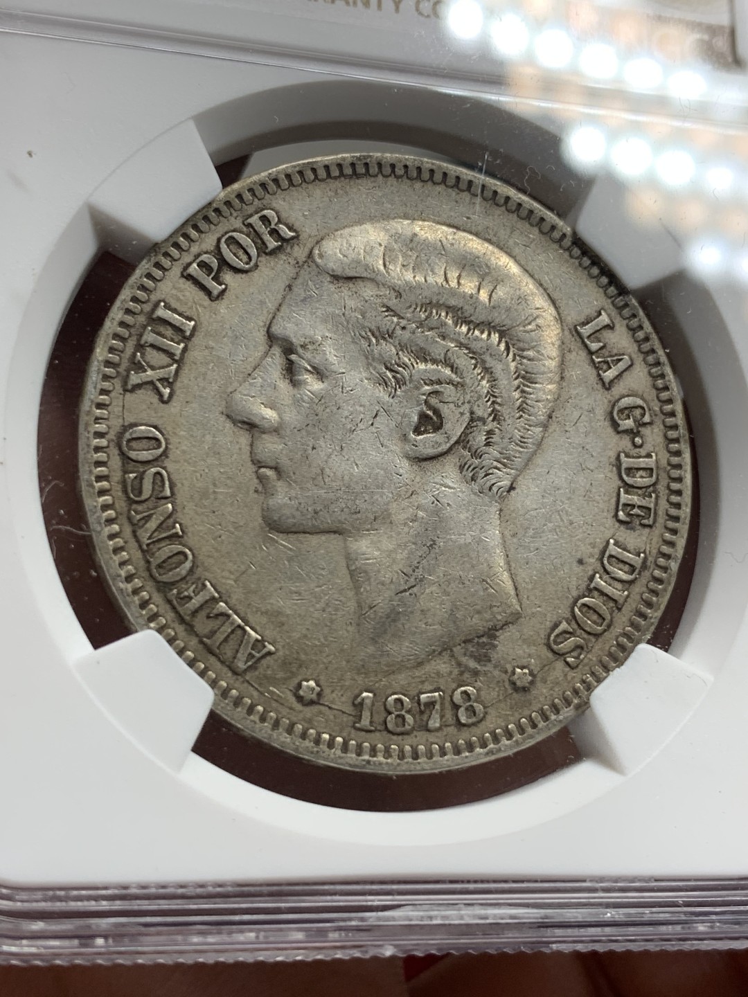 《竞宝斋》第77场-本周日，周一，周四3场拍卖（全场不限金额包邮） NGC-XF40 西班牙 1878年 阿方索十二世 5比塞塔双柱大银币 原味品