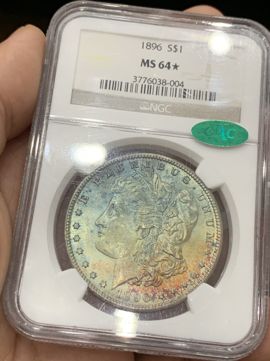 《竞宝斋》第77场-本周日，周一，周四3场拍卖（全场不限金额包邮） NGC-MS64 美国 1896年 1美元摩根银币 正面清新绿包浆，罕见的星号和CAC双认证