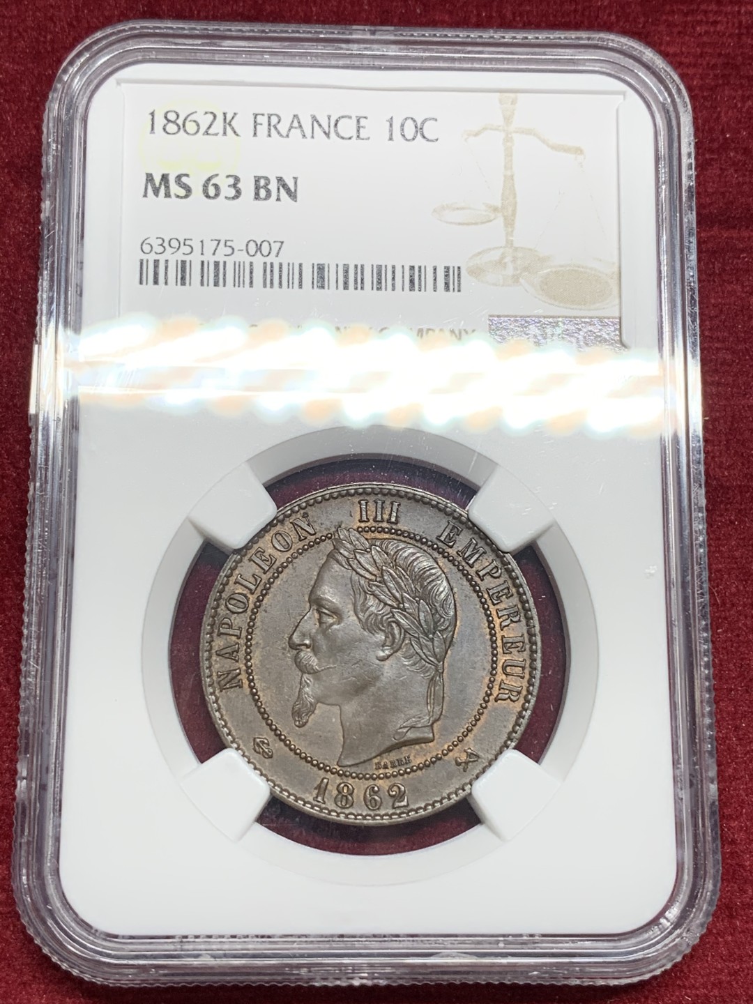 《竞宝斋》第77场-本周日，周一，周四3场拍卖（全场不限金额包邮） 第三名 NGC-MS63 法国1862-K年 拿三 波尔多厂造10分铜币 普通的都是巴黎厂造 此厂极其稀少