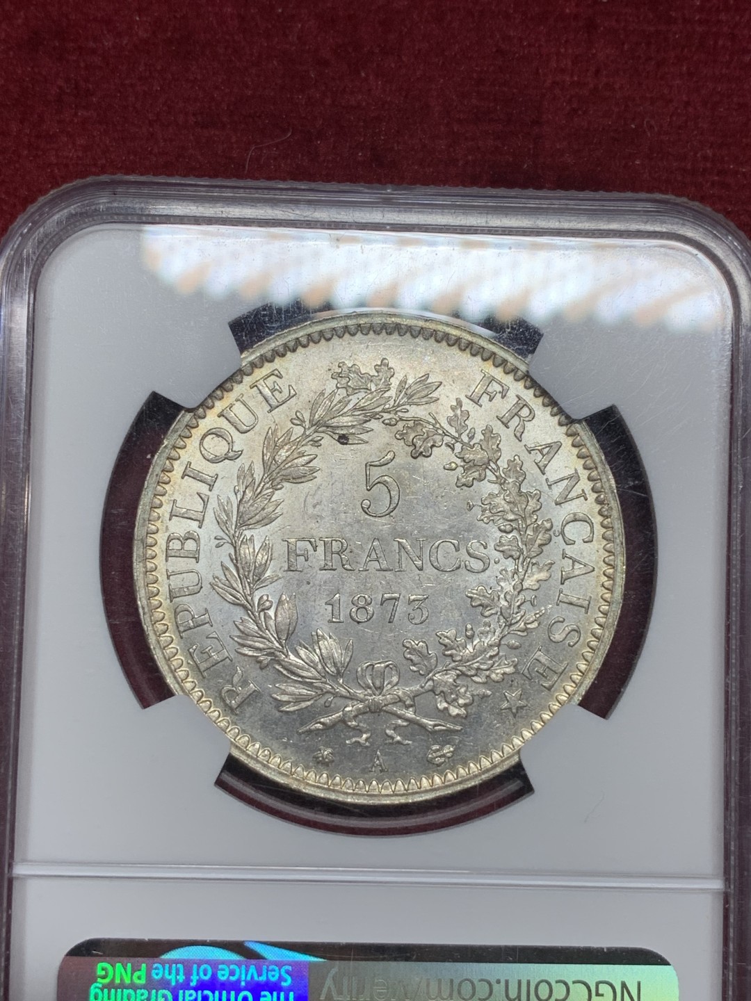 《竞宝斋》第77场-本周日，周一，周四3场拍卖（全场不限金额包邮） NGC-MS64 法国 1873年 大力神5法郎 银币 淡金色环彩 细节好 状态佳 