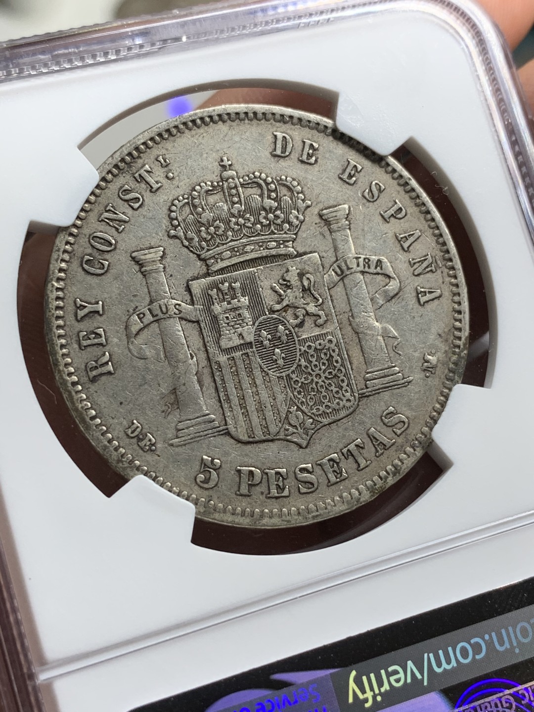 《竞宝斋》第77场-本周日，周一，周四3场拍卖（全场不限金额包邮） NGC-XF40 西班牙 1878年 阿方索十二世 5比塞塔双柱大银币 原味品