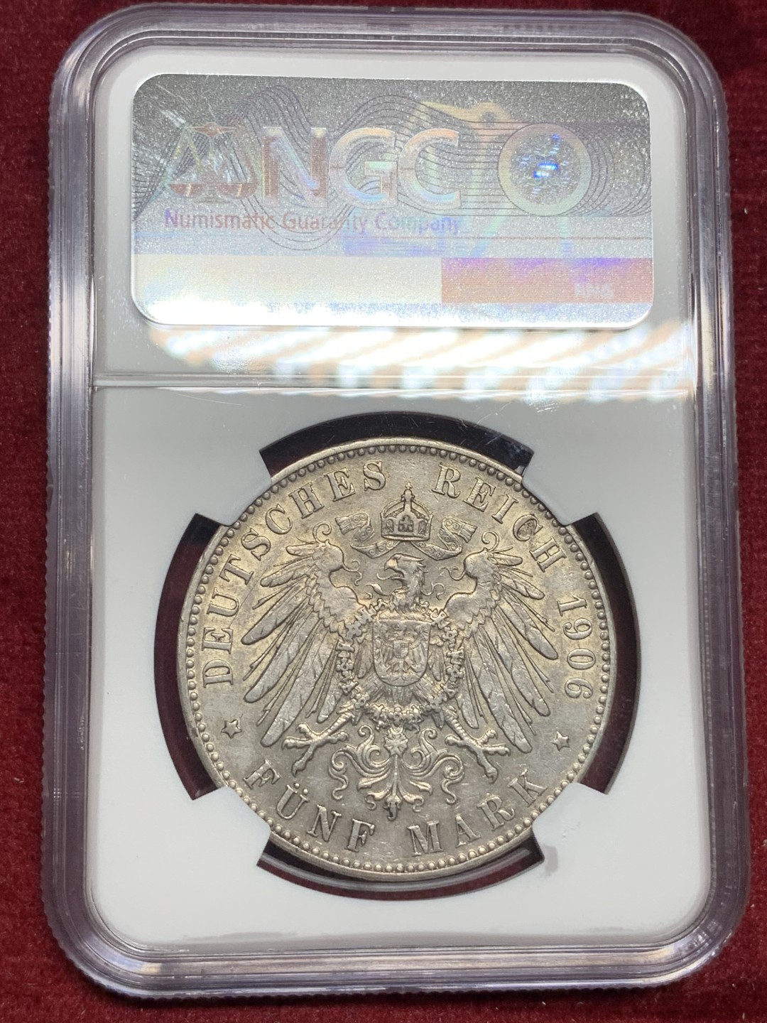 《竞宝斋》第77场-本周日，周一，周四3场拍卖（全场不限金额包邮） NGC-AU55 德国不来梅 1906-J年 狮子盾牌 5马克大银币 原味好品 稀少邦州