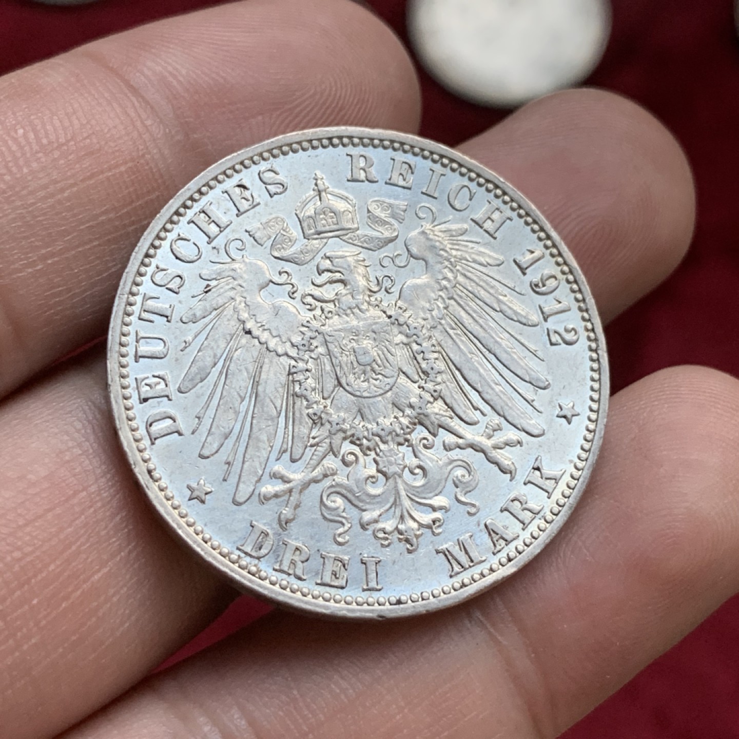 《竞宝斋》第77场-本周日，周一，周四3场拍卖（全场不限金额包邮） 德国巴登弗里德里希二世3马克银币，好品裸币，1912年G厂。