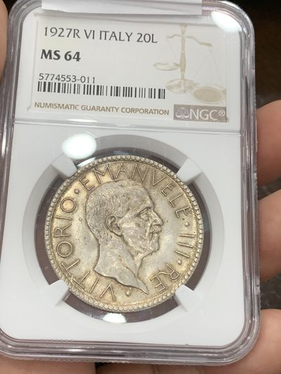 《竞宝斋》第77场-本周日，周一，周四3场拍卖（全场不限金额包邮） - NGC-MS64 意大利 1927R 20里拉大银币 法西斯裸男 淡包浆可以收藏的状态 热门品种 意大利潜力巨大