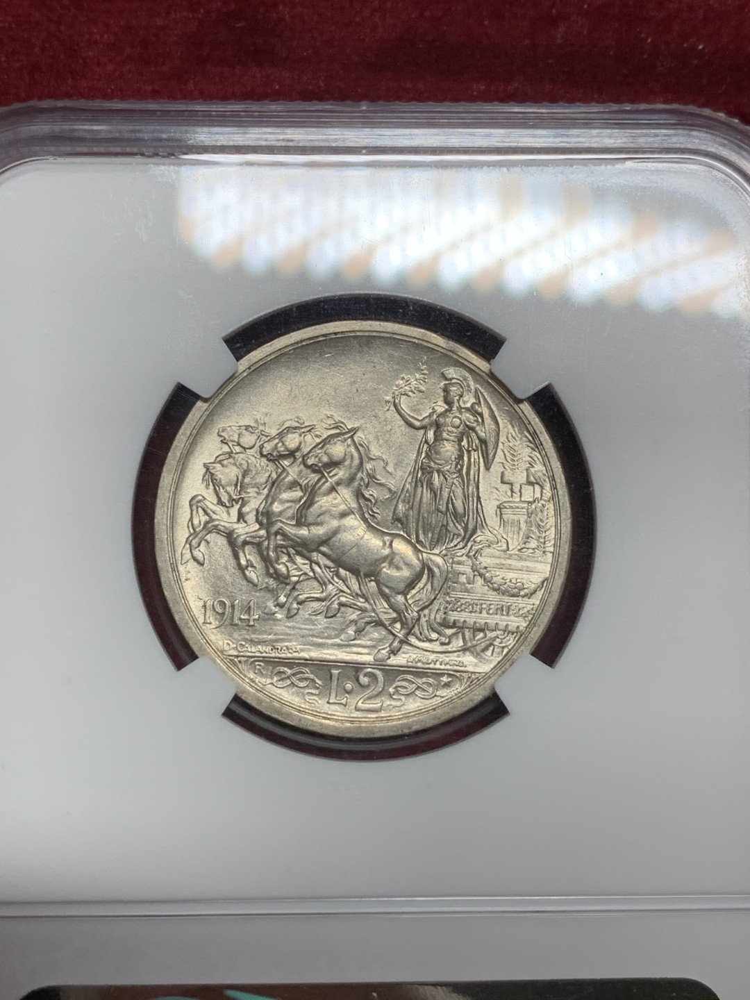 《竞宝斋》第77场-本周日，周一，周四3场拍卖（全场不限金额包邮） NGC MS61 意大利 1914年 马车 2里拉银币 马匹清晰无磨损 状态很不错