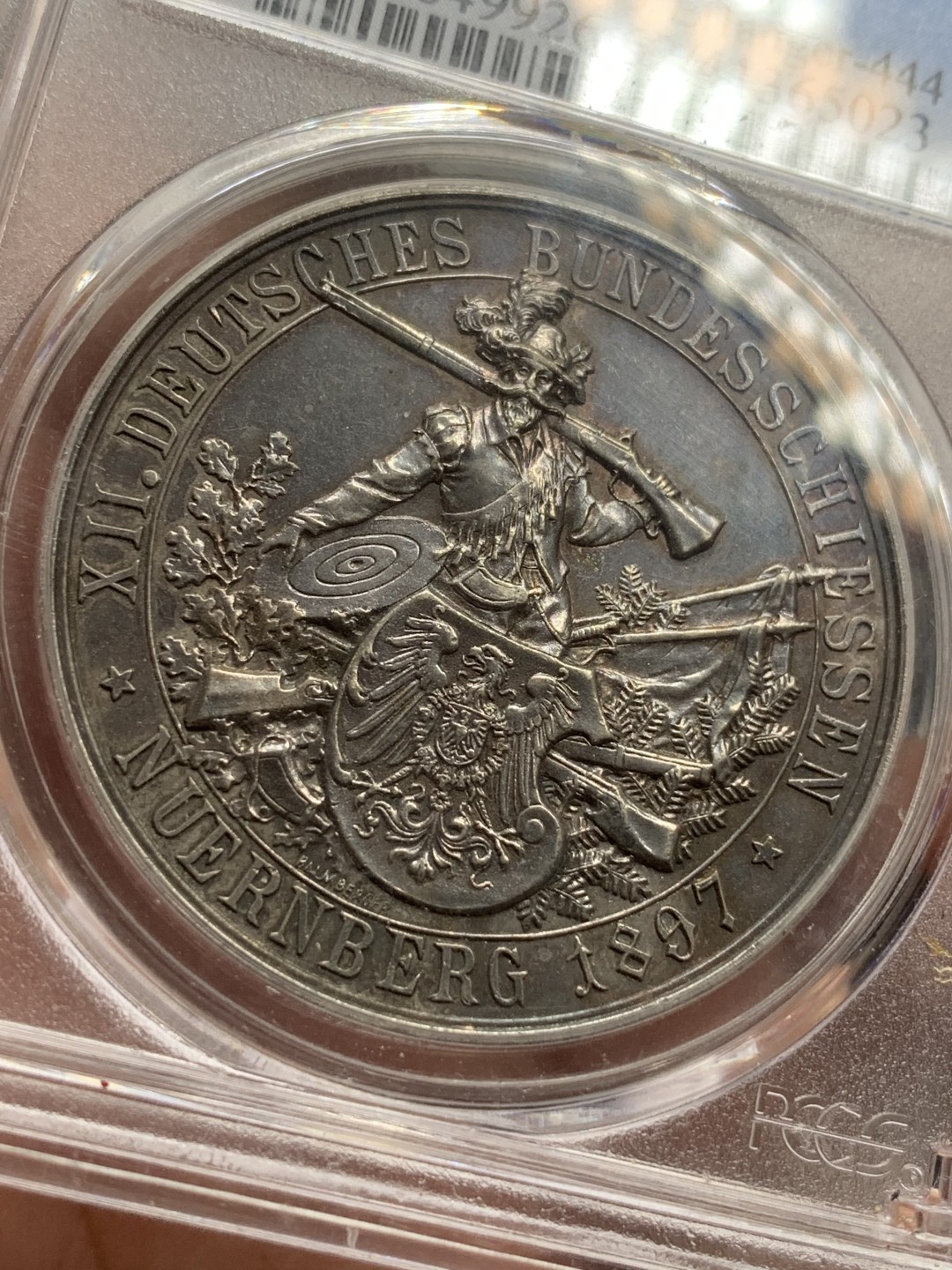 《竞宝斋》第77场-本周日，周一，周四3场拍卖（全场不限金额包邮） PCGS MS62 德国1897年 纽伦堡射击节景观银章 高点俱在非常难得