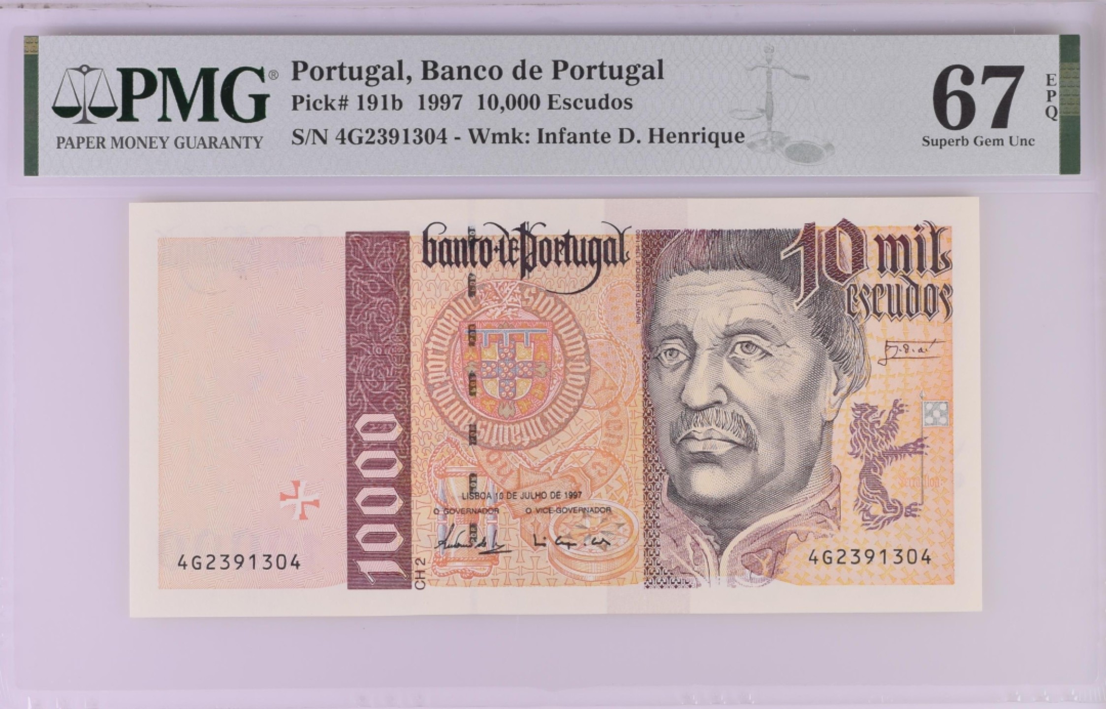 收藏联盟Quantum Auction 第179期拍卖 葡萄牙1997年10000埃斯库多 PMG67