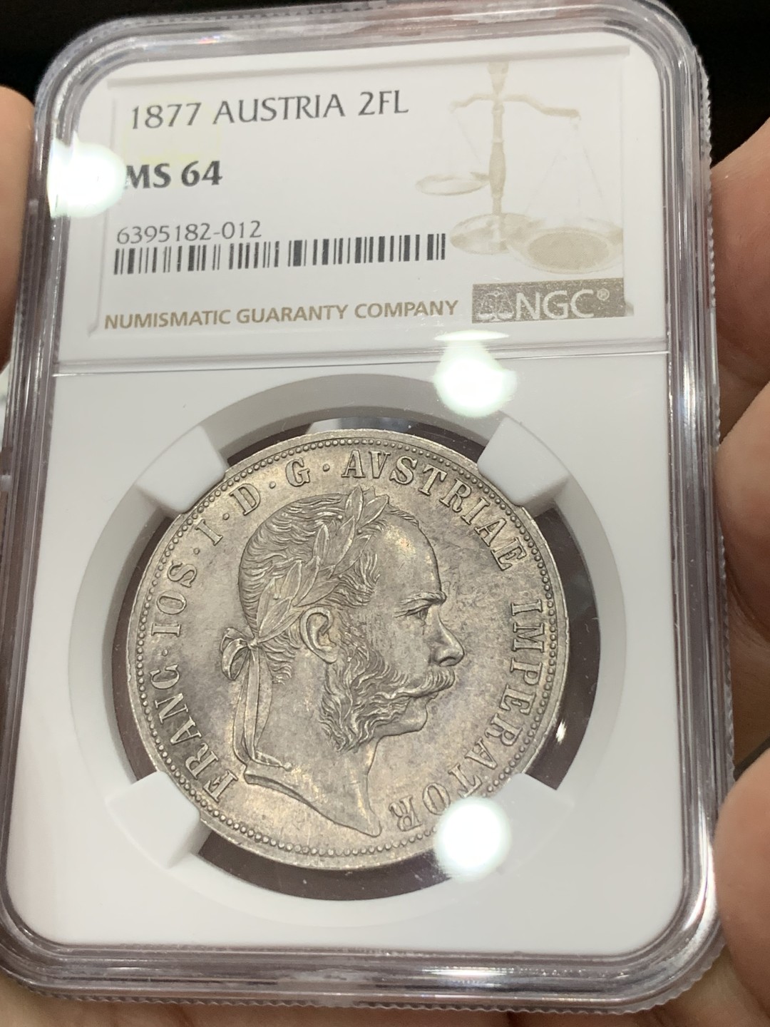 《竞宝斋》第77场-本周日，周一，周四3场拍卖（全场不限金额包邮） 第三名 NGC-MS64 奥地利1877年 佛兰茨一世 2福林 大银币 转光带彩 顶级的品种