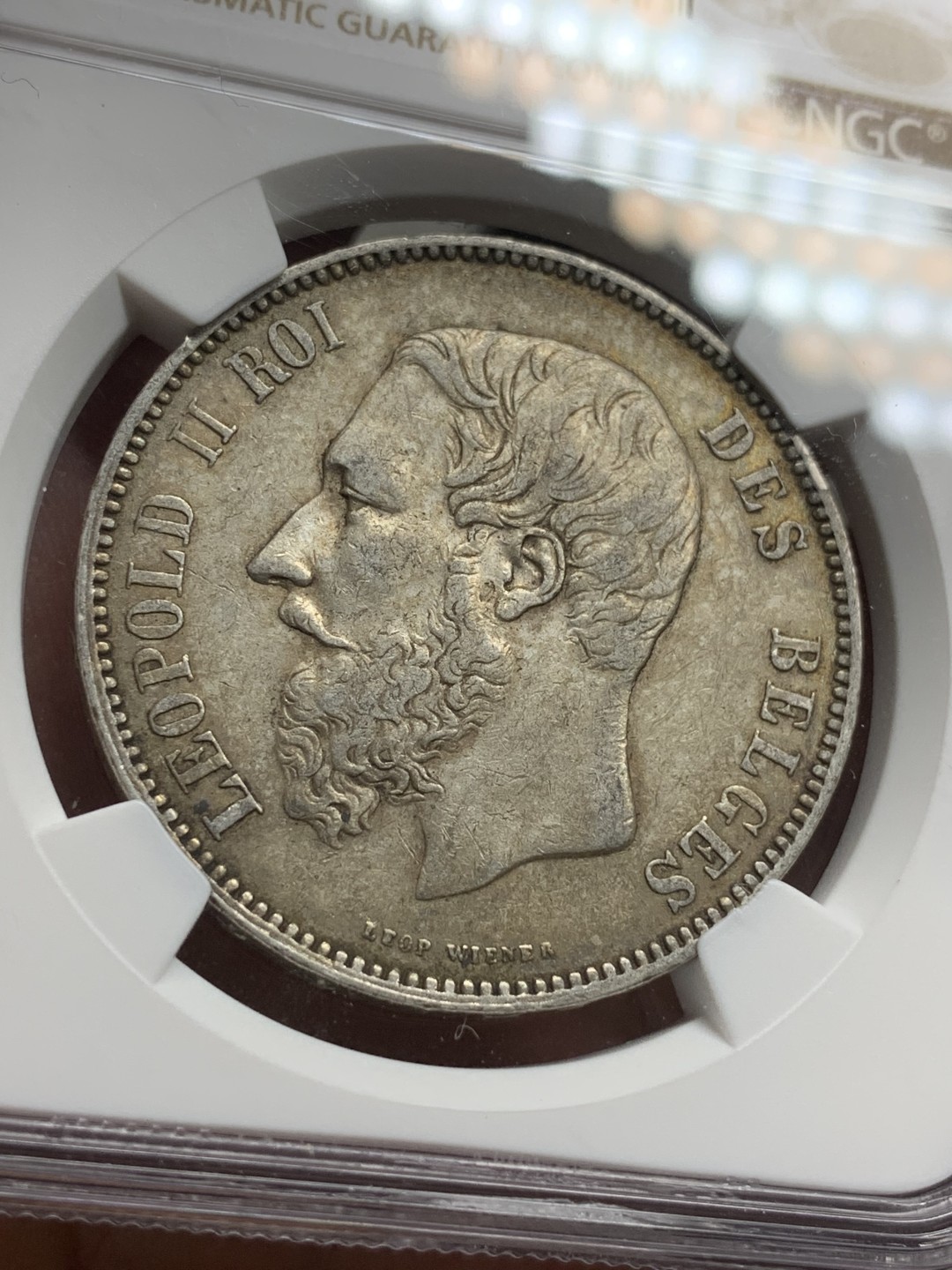 《竞宝斋》第77场-本周日，周一，周四3场拍卖（全场不限金额包邮） NGC-AU53 比利时 1875年 利奥波德二世 5法郎 大银币 原味好品