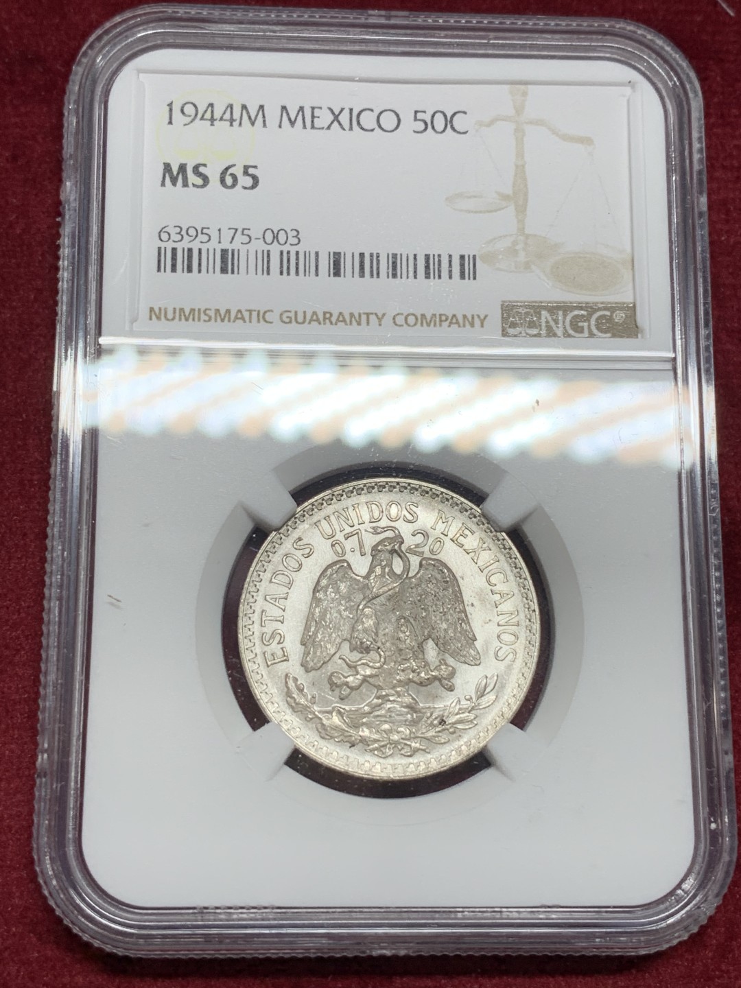 《竞宝斋》第77场-本周日，周一，周四3场拍卖（全场不限金额包邮） NGC-MS65 墨西哥1944年 小鹰洋半圆银币 顶级品相