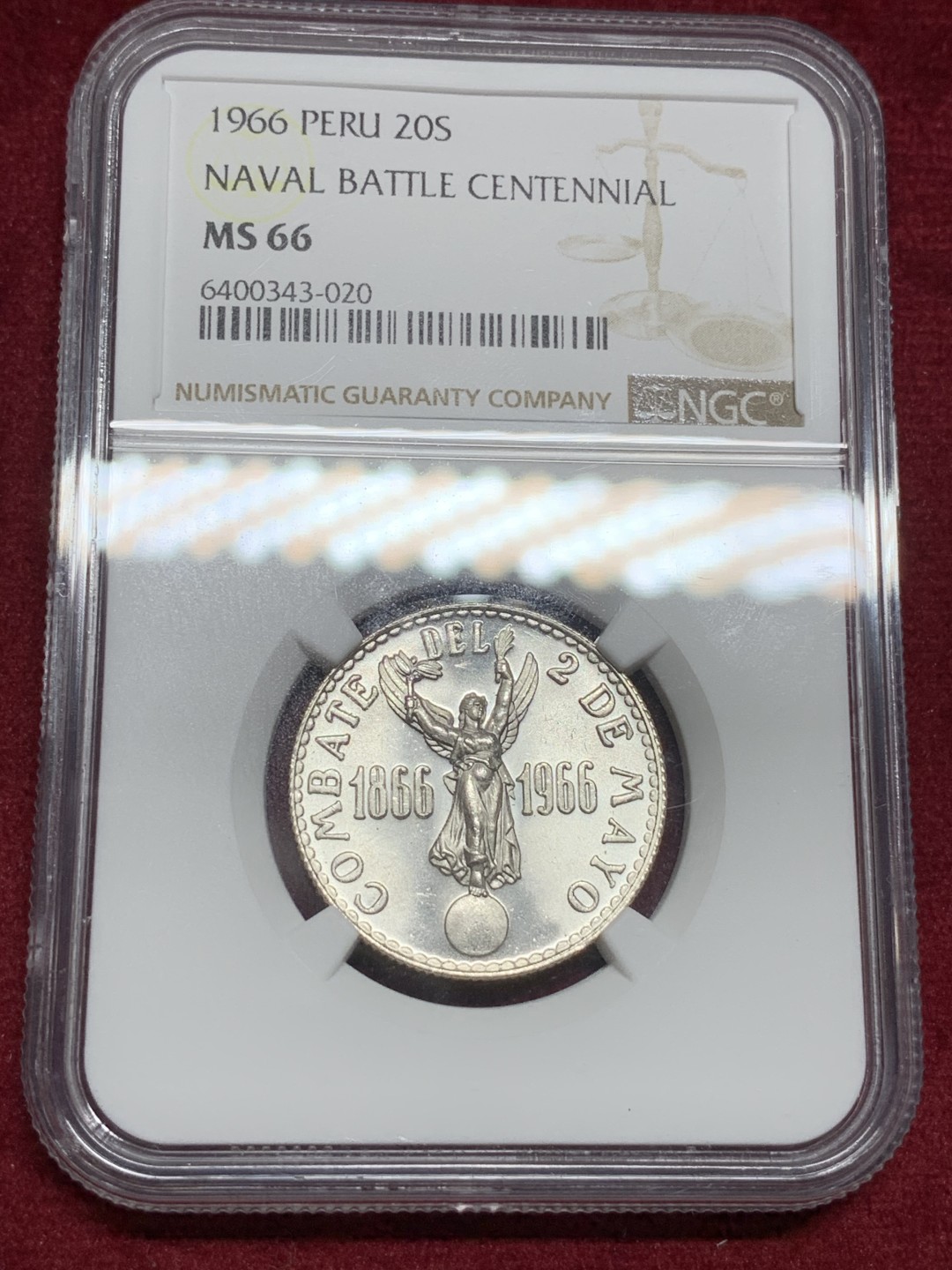 《竞宝斋》第77场-本周日，周一，周四3场拍卖（全场不限金额包邮） NGC MS66 1966年秘鲁建国百年纪念币 只发行了4001枚，冠军分