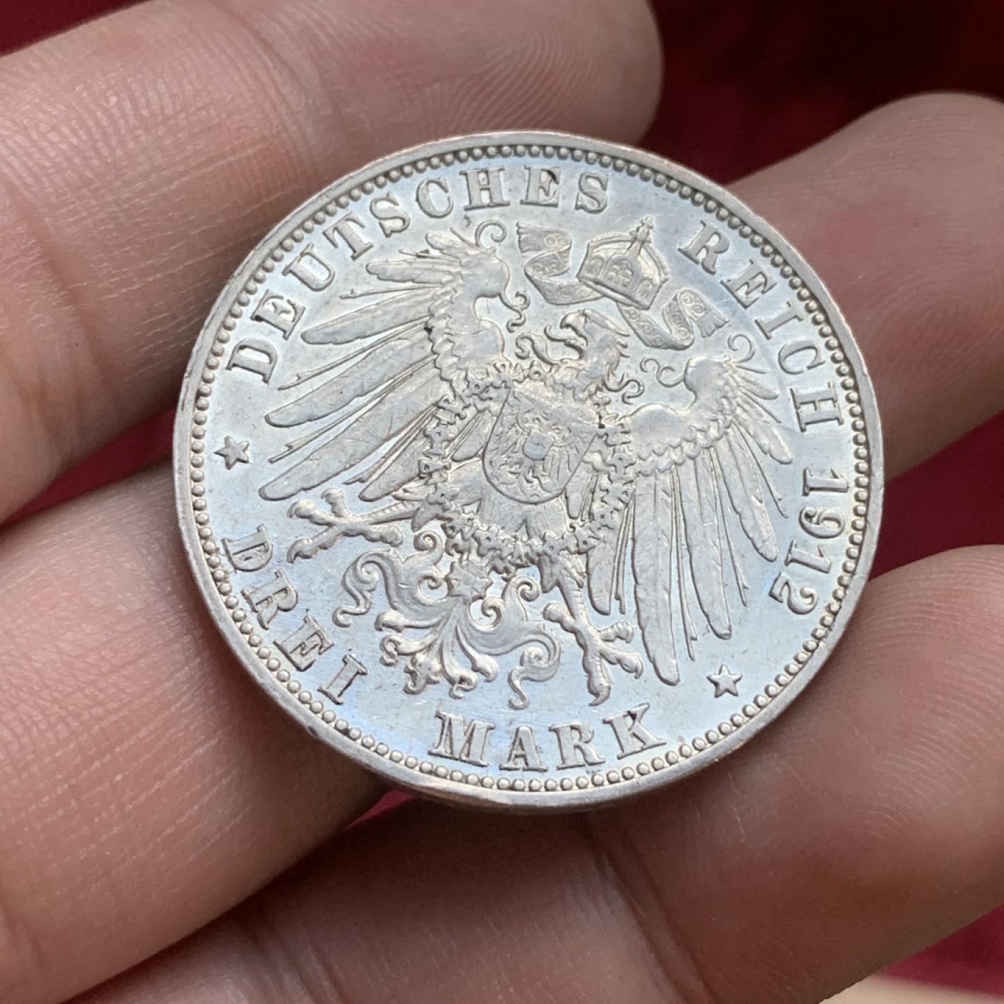 《竞宝斋》第77场-本周日，周一，周四3场拍卖（全场不限金额包邮） 德国巴登弗里德里希二世3马克银币，好品裸币，1912年G厂。