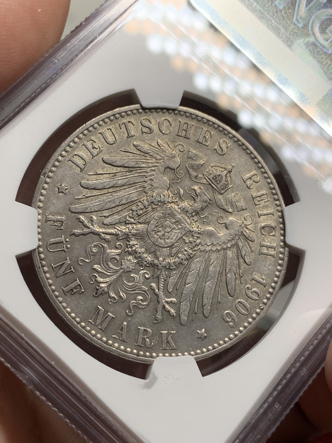 《竞宝斋》第77场-本周日，周一，周四3场拍卖（全场不限金额包邮） NGC-AU55 德国不来梅 1906-J年 狮子盾牌 5马克大银币 原味好品 稀少邦州