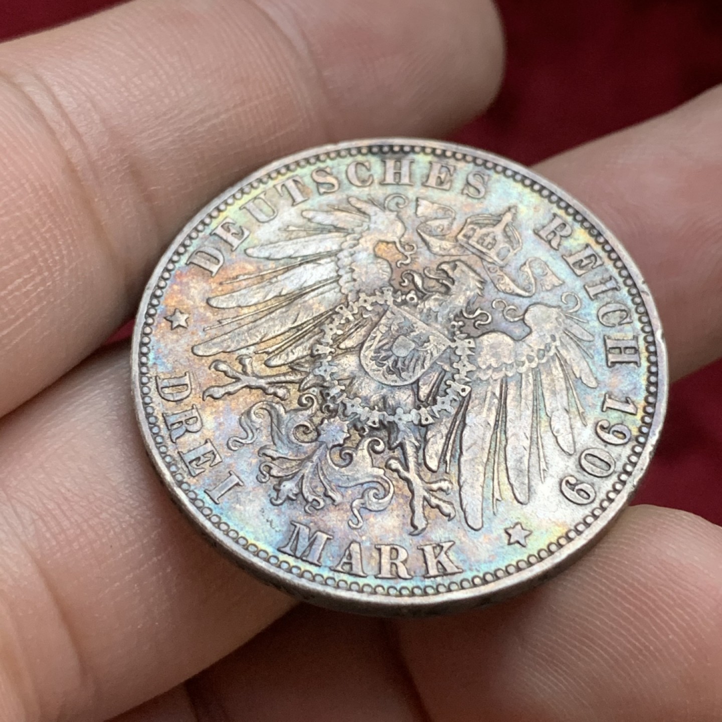 《竞宝斋》第77场-本周日，周一，周四3场拍卖（全场不限金额包邮） 德国汉堡市双狮3马克，自然黑包浆，1909年。