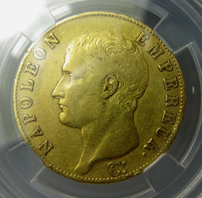 法国拿破仑金币40法郎, 拿破仑一世,AN13A(1805),26mm,12.8g,众诚评级AU55（盒子年份标错了懒得换了,AN13发行量较少)