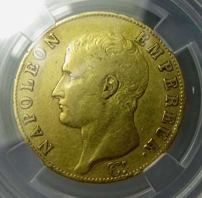 法国拿破仑金币40法郎, 拿破仑一世,AN13A(1805),26mm,12.8g,众诚评级AU55（盒子年份标错了懒得换了,AN13发行量较少)