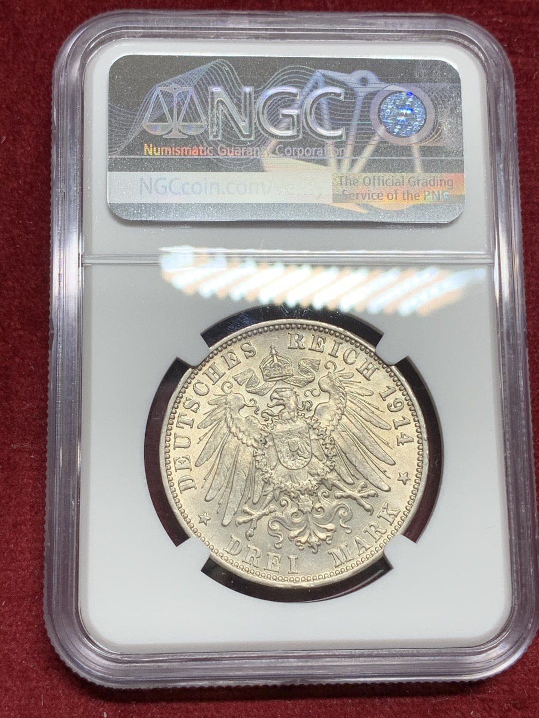 《竞宝斋》第77场-本周日，周一，周四3场拍卖（全场不限金额包邮） NGC-MS62 德国符腾堡 1914年 威廉二世 3马克银币 原光好品 这品种能上MS少见