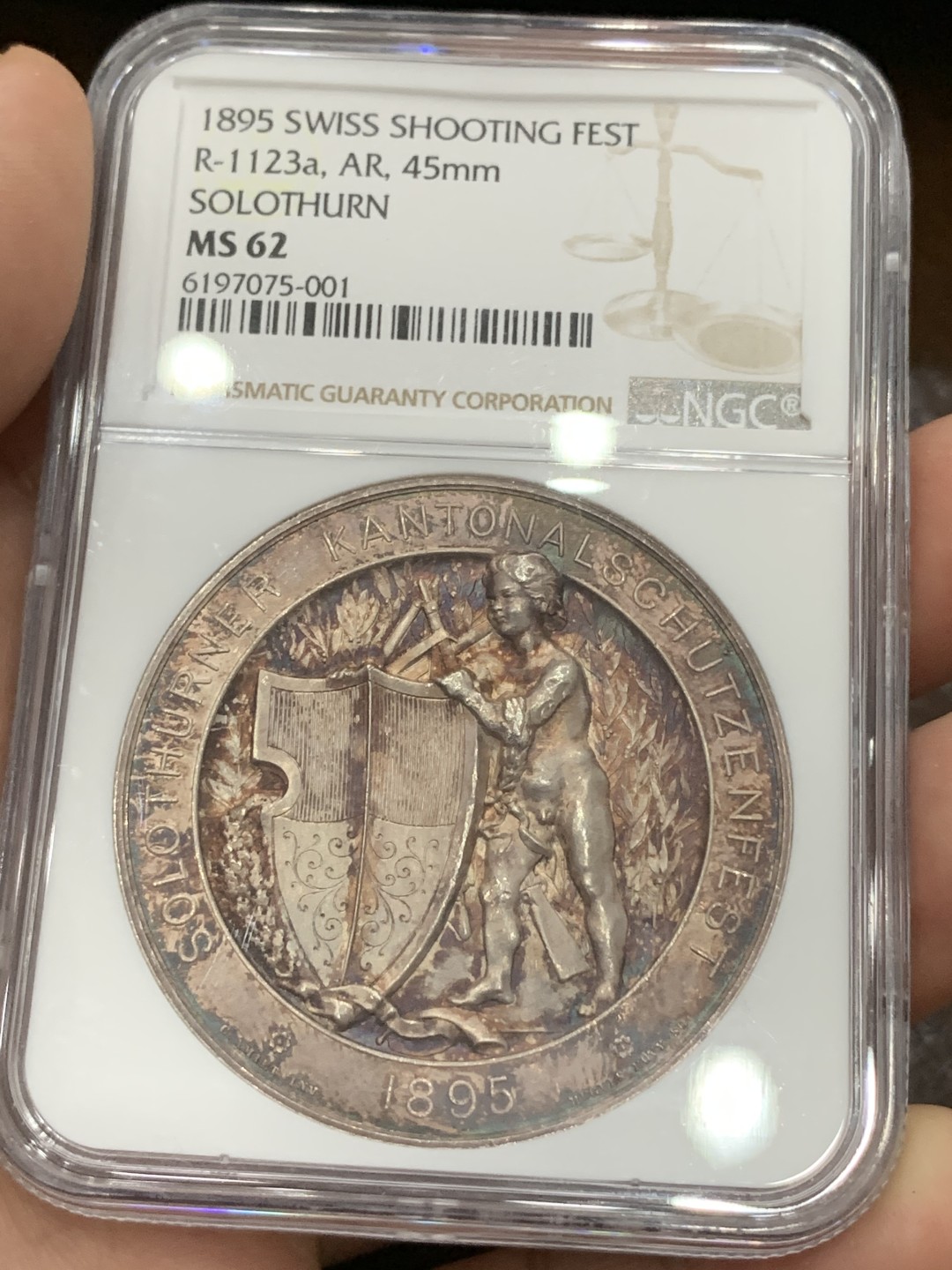 《竞宝斋》第77场-本周日，周一，周四3场拍卖（全场不限金额包邮） NGC-MS62 瑞士索洛图 1895年 射击节 45MM直径大银章 双面粉色包浆 高浮雕 设计精美 季军分