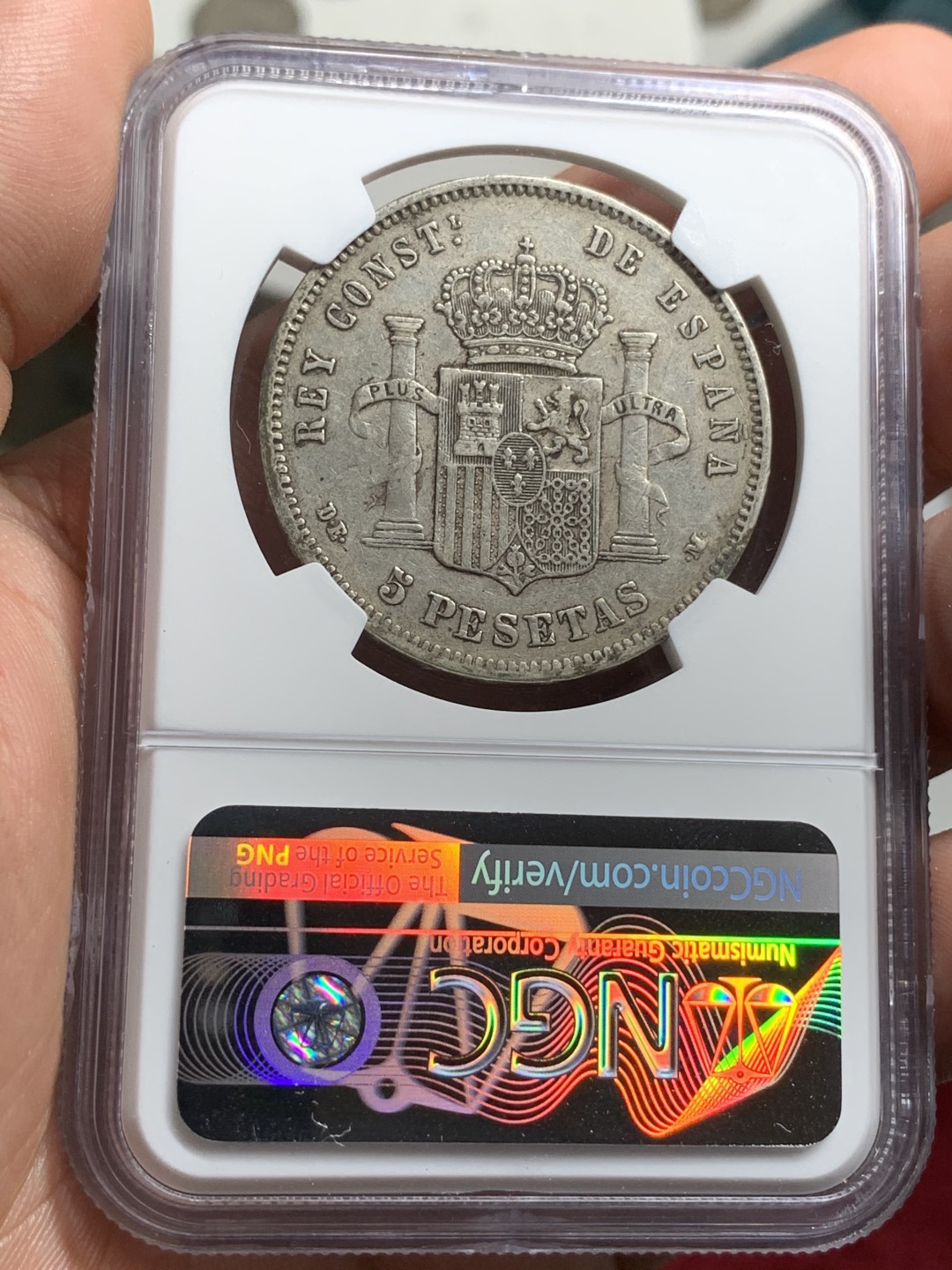 《竞宝斋》第77场-本周日，周一，周四3场拍卖（全场不限金额包邮） NGC-XF40 西班牙 1878年 阿方索十二世 5比塞塔双柱大银币 原味品