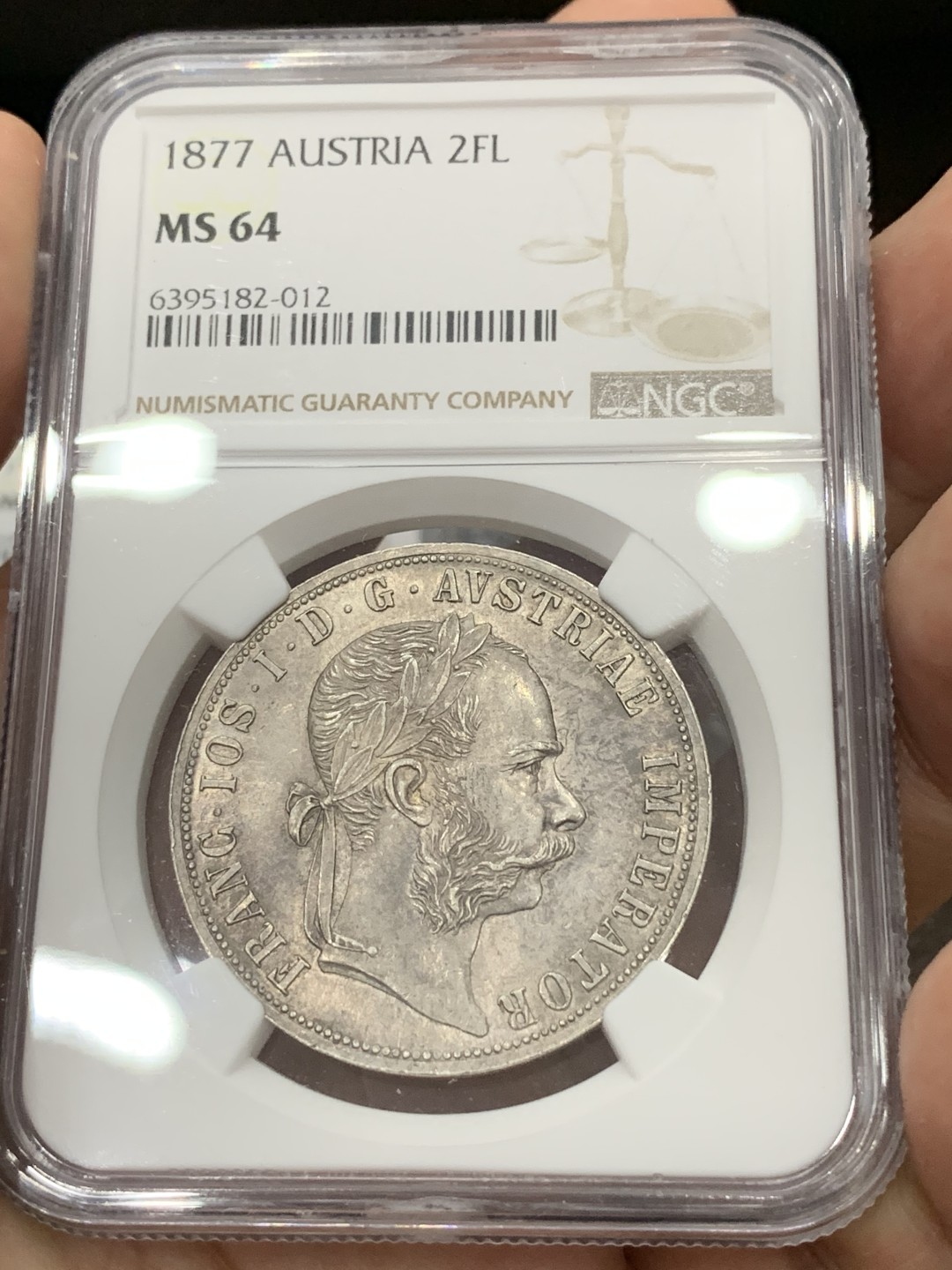 《竞宝斋》第77场-本周日，周一，周四3场拍卖（全场不限金额包邮） 第三名 NGC-MS64 奥地利1877年 佛兰茨一世 2福林 大银币 转光带彩 顶级的品种