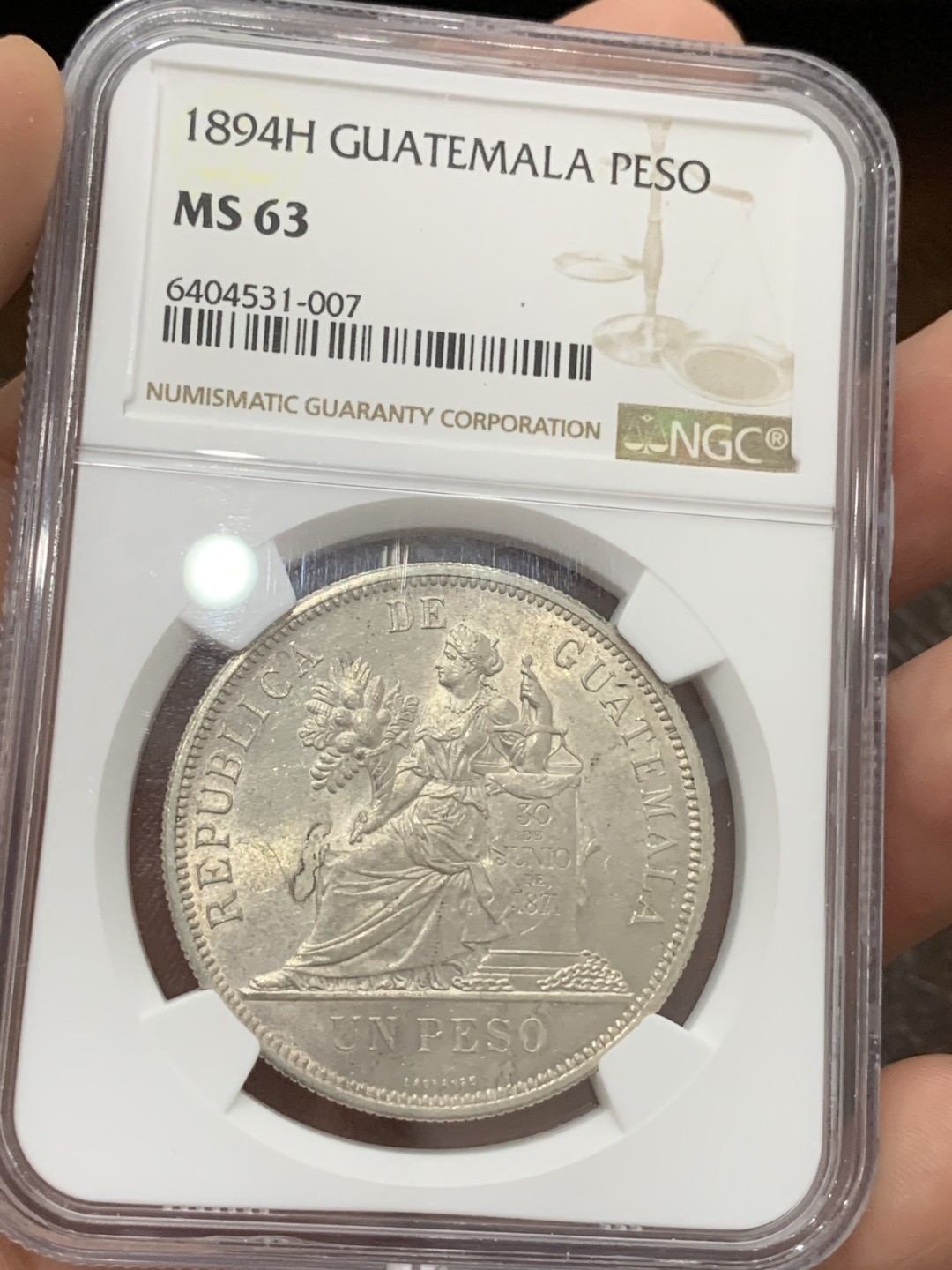 《竞宝斋》第77场-本周日，周一，周四3场拍卖（全场不限金额包邮） NGC MS63危地马拉1894坐人1比索 NGC第三名 南美洲的币暴涨 BU品相，原光车轮光