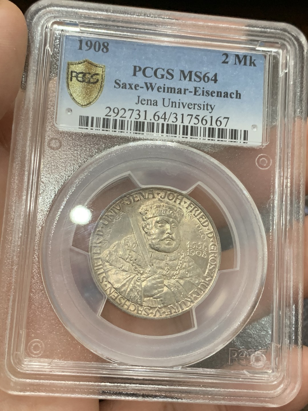 《竞宝斋》第77场-本周日，周一，周四3场拍卖（全场不限金额包邮） PCGS-MS64 1908年 德国萨克森魏玛 耶拿大学2马克黄金紫彩包浆漂亮