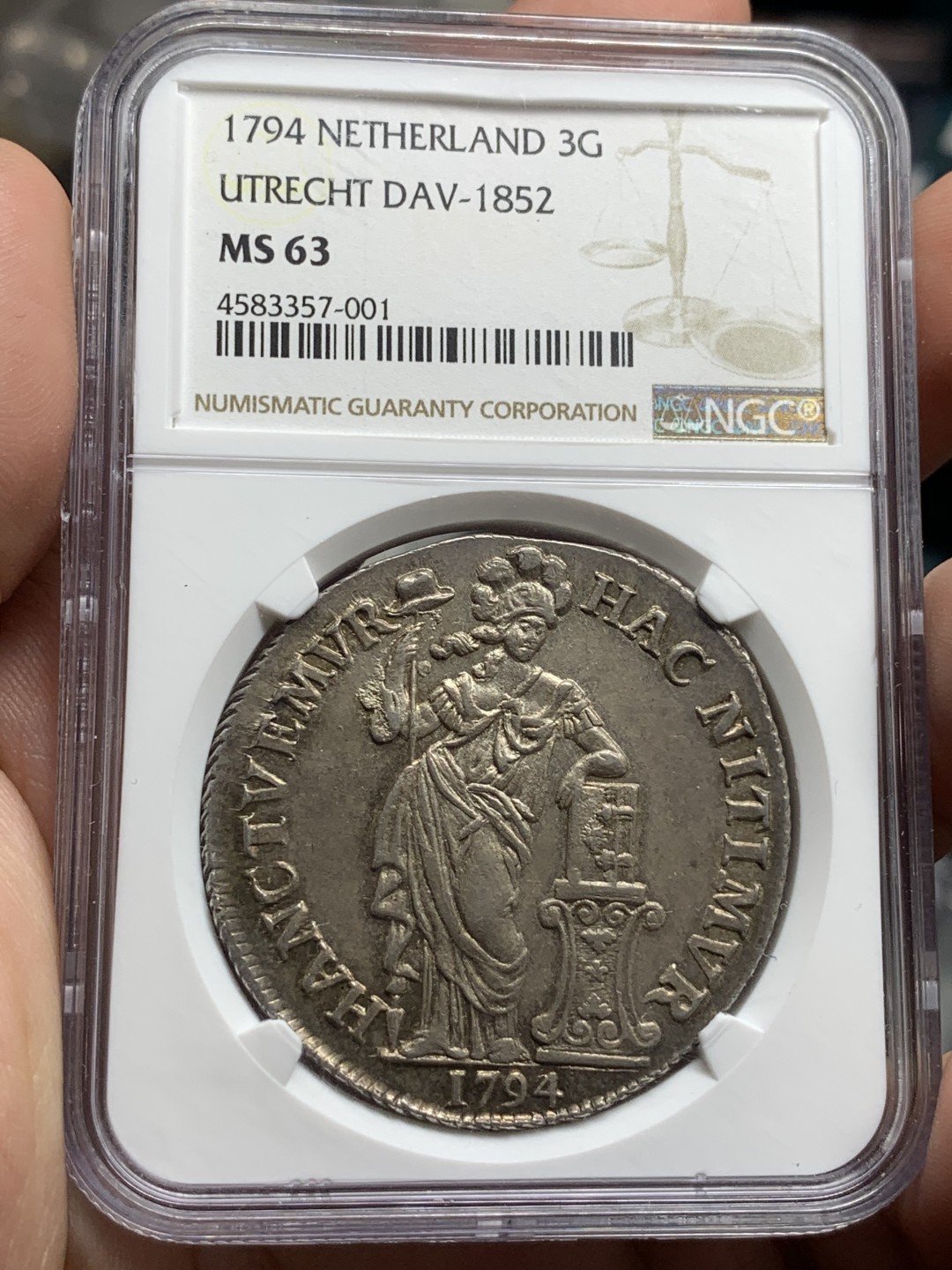 《竞宝斋》第77场-本周日，周一，周四3场拍卖（全场不限金额包邮） NGC-MS63 荷兰 1794年 站人3盾大银币 高分深打 脸部非常的清晰 包浆也很不错