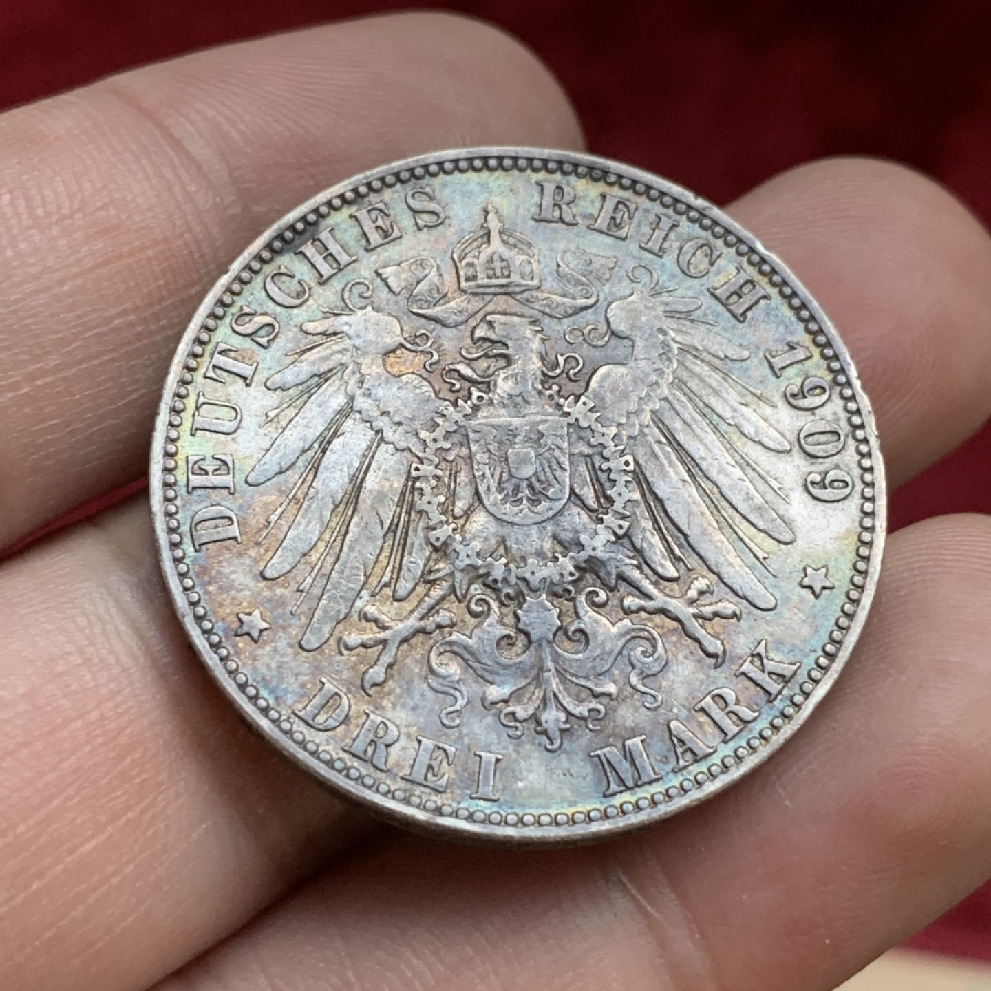 《竞宝斋》第77场-本周日，周一，周四3场拍卖（全场不限金额包邮） 德国汉堡市双狮3马克，自然黑包浆，1909年。