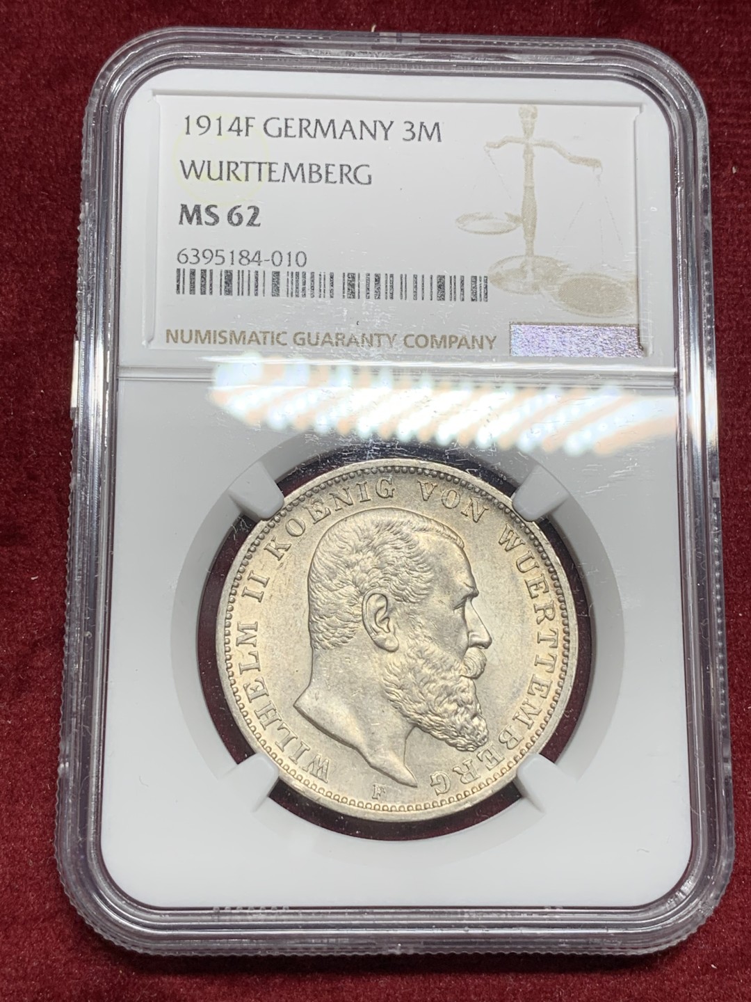《竞宝斋》第77场-本周日，周一，周四3场拍卖（全场不限金额包邮） NGC-MS62 德国符腾堡 1914年 威廉二世 3马克银币 原光好品 这品种能上MS少见