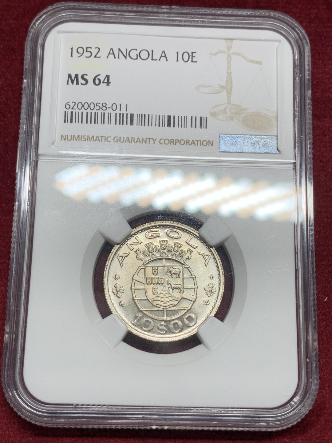 《竞宝斋》第77场-本周日，周一，周四3场拍卖（全场不限金额包邮） NGC MS64 葡属安哥拉1952年10埃斯库多银币