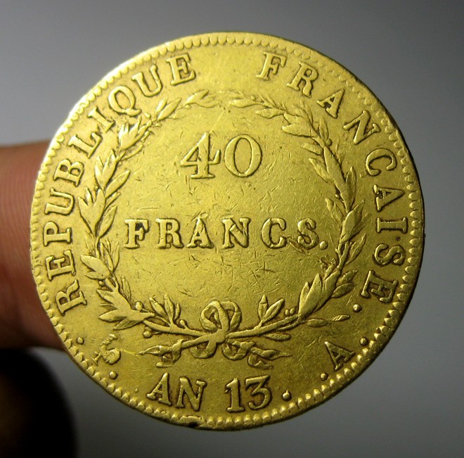 法国拿破仑金币40法郎, 拿破仑一世,AN13A(1805),26mm,12.8g,众诚评级AU55（盒子年份标错了懒得换了,AN13发行量较少)