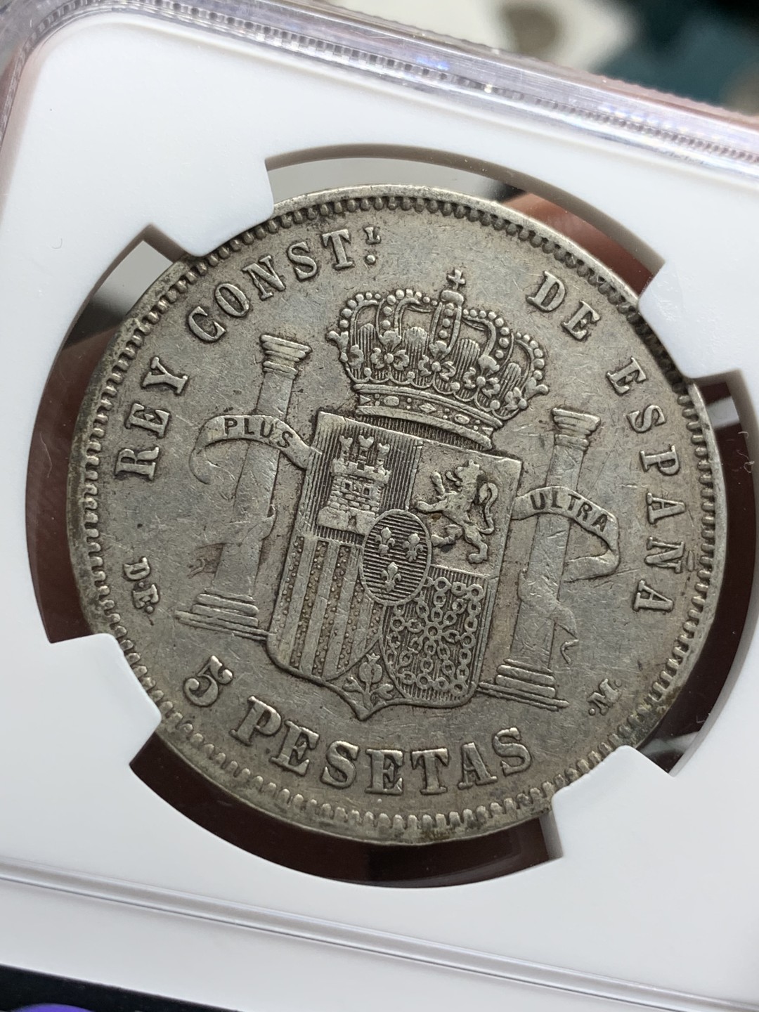 《竞宝斋》第77场-本周日，周一，周四3场拍卖（全场不限金额包邮） NGC-XF40 西班牙 1878年 阿方索十二世 5比塞塔双柱大银币 原味品