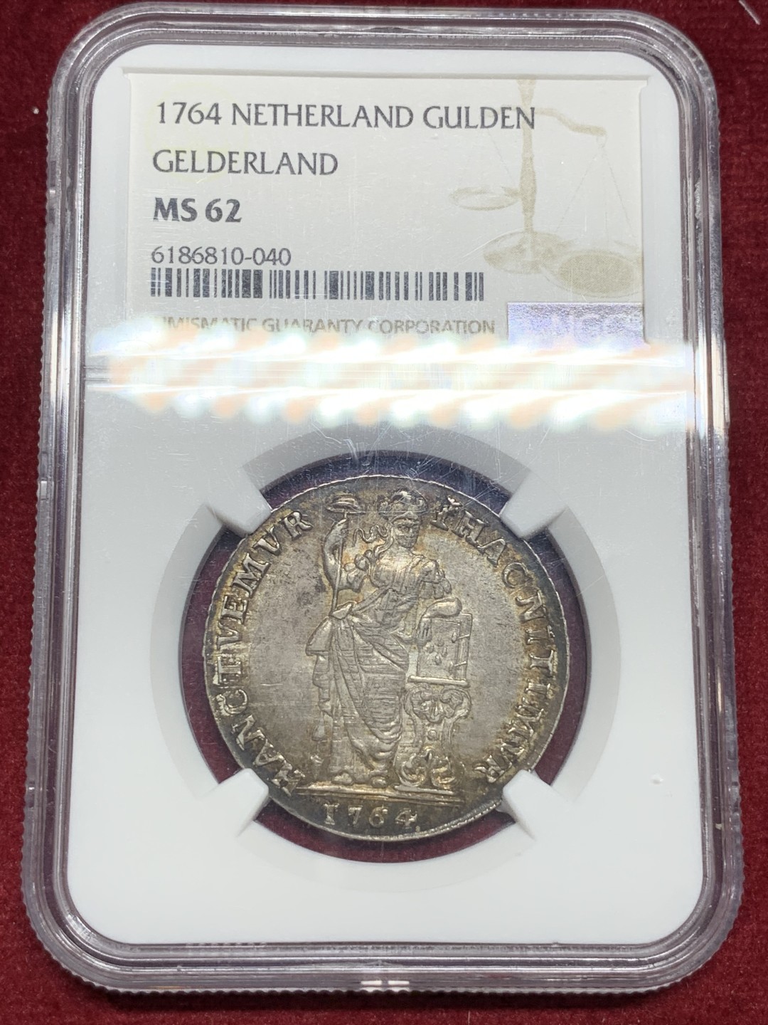 《竞宝斋》第77场-本周日，周一，周四3场拍卖（全场不限金额包邮） NGC-MS62 1764年 荷兰站人1盾女神 格尔德省 老环彩包浆n官网第三名