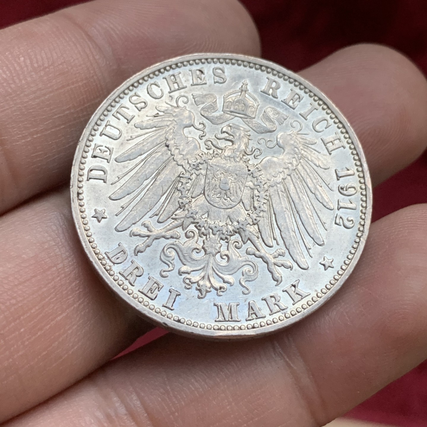 《竞宝斋》第77场-本周日，周一，周四3场拍卖（全场不限金额包邮） 德国巴登弗里德里希二世3马克银币，好品裸币，1912年G厂。