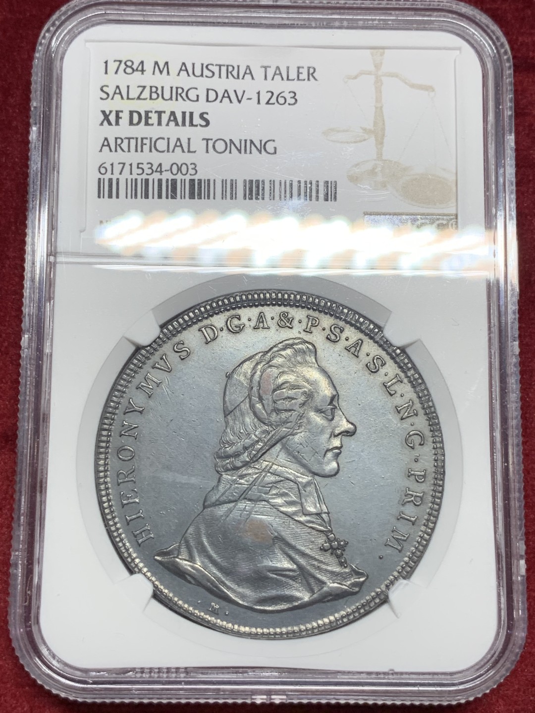 《竞宝斋》第77场-本周日，周一，周四3场拍卖（全场不限金额包邮） NGC-XFD 奥地利 1784年 萨尔茨堡教区 1泰勒大银  漆古黑 味道醇厚