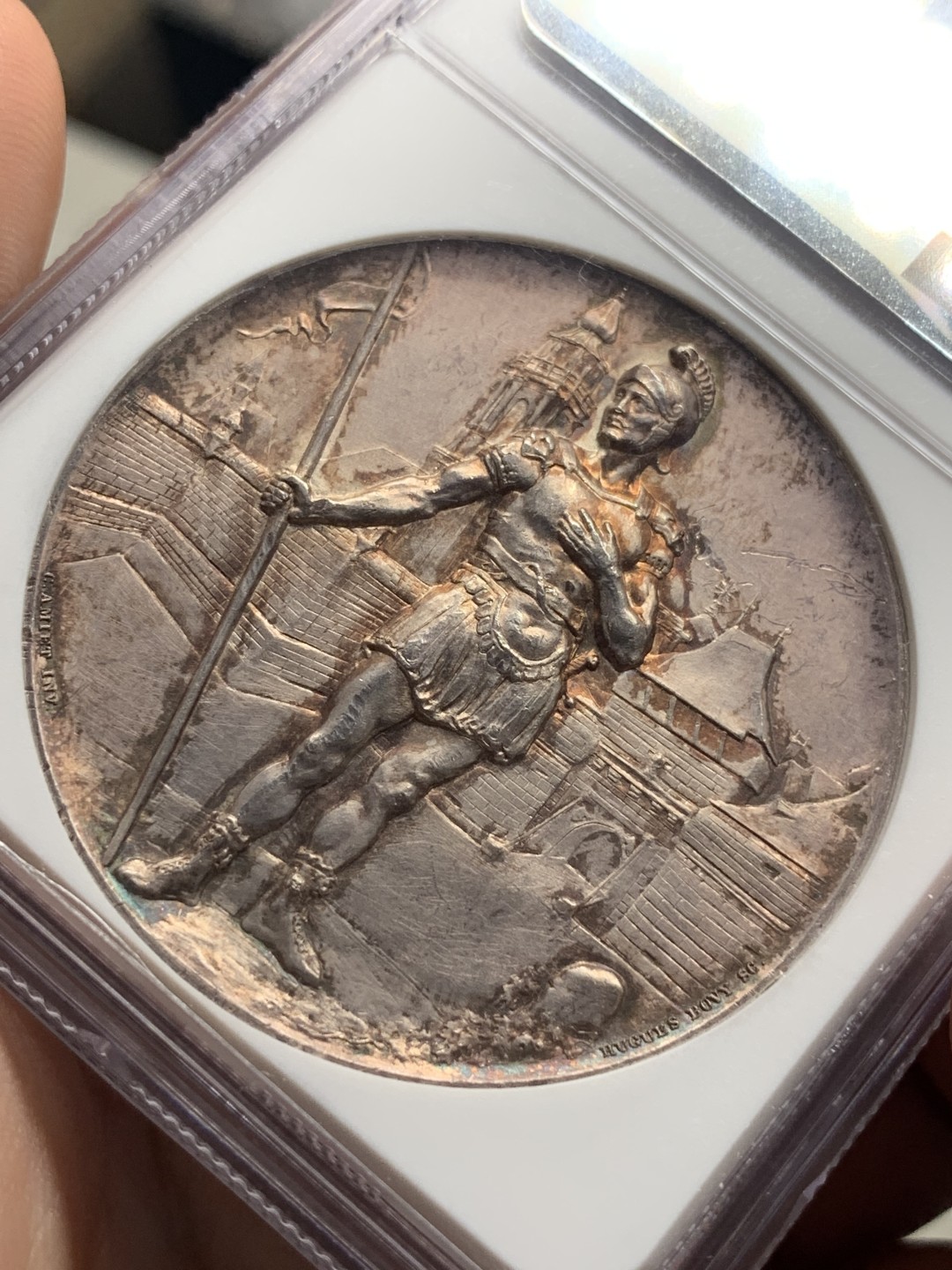 《竞宝斋》第77场-本周日，周一，周四3场拍卖（全场不限金额包邮） NGC-MS62 瑞士索洛图 1895年 射击节 45MM直径大银章 双面粉色包浆 高浮雕 设计精美 季军分