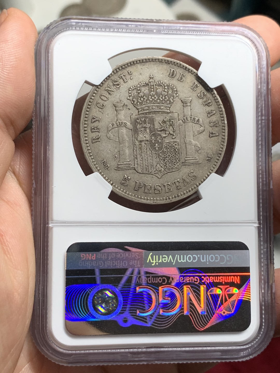 《竞宝斋》第77场-本周日，周一，周四3场拍卖（全场不限金额包邮） NGC-XF45 西班牙 1891年 阿方索十三世 5比塞塔双柱大银币 原味品