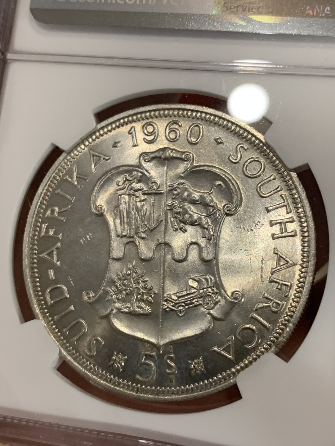 《竞宝斋》第77场-本周日，周一，周四3场拍卖（全场不限金额包邮） NGC MS63 英属南非1960年南非联盟成立50周年纪念5先令大银币