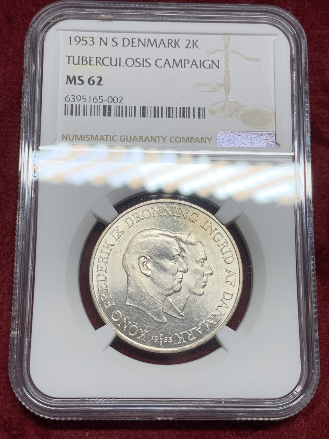 《竞宝斋》第77场-本周日，周一，周四3场拍卖（全场不限金额包邮） NGC-MS62 丹麦 1953年 格林兰岛 2克朗银币 曝光好品