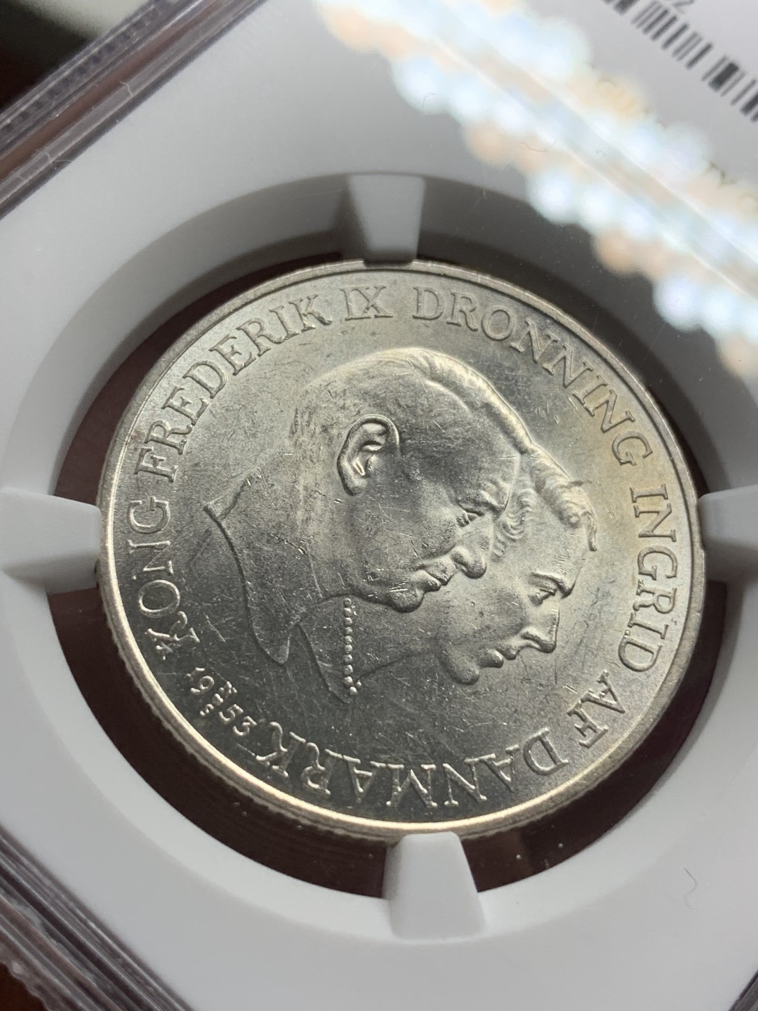 《竞宝斋》第77场-本周日，周一，周四3场拍卖（全场不限金额包邮） NGC-MS62 丹麦 1953年 格林兰岛 2克朗银币 曝光好品