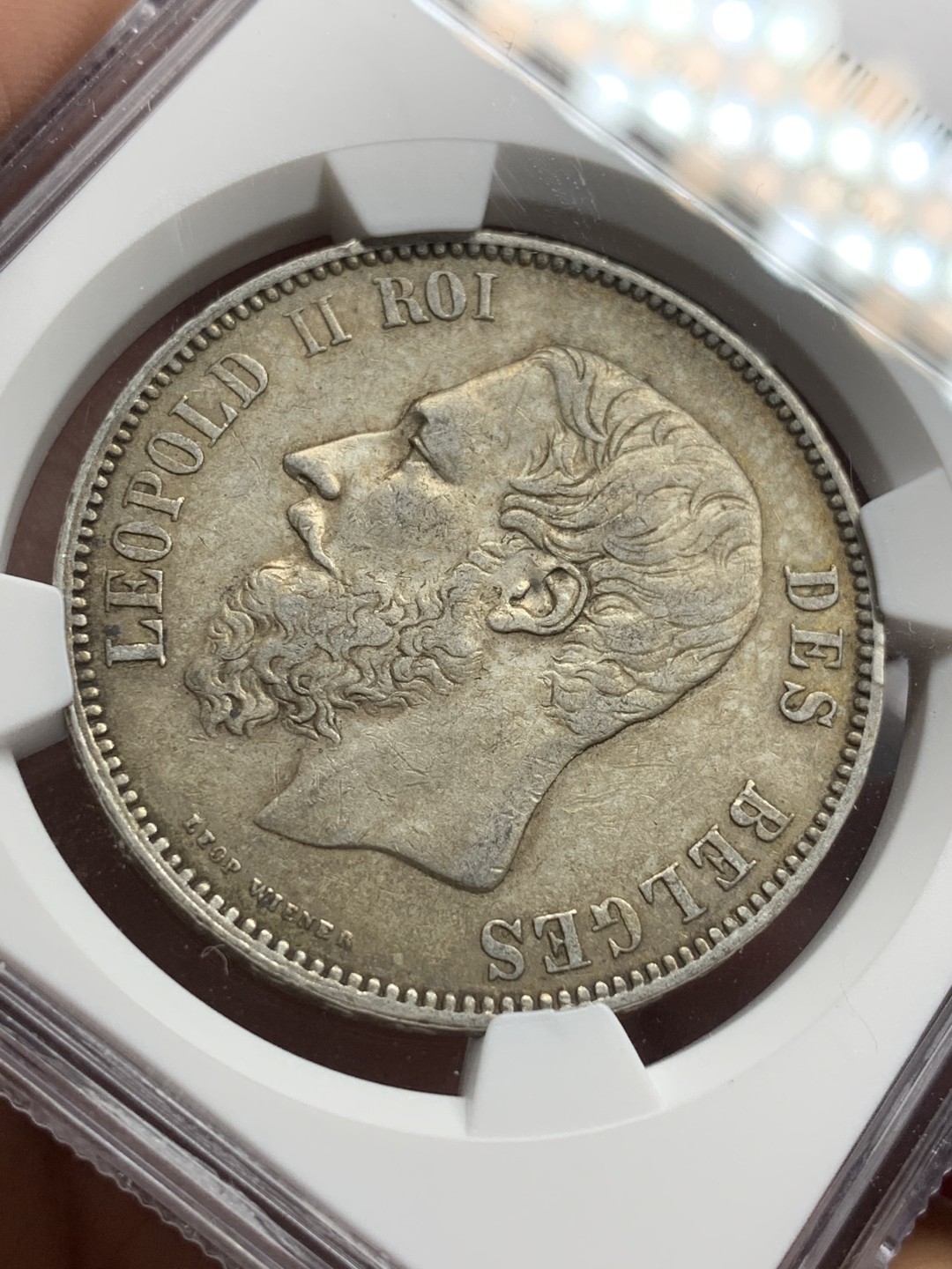 《竞宝斋》第77场-本周日，周一，周四3场拍卖（全场不限金额包邮） NGC-AU53 比利时 1875年 利奥波德二世 5法郎 大银币 原味好品