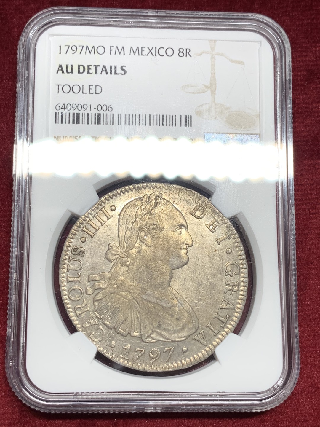 《竞宝斋》第77场-本周日，周一，周四3场拍卖（全场不限金额包邮） NGC AU 评级 墨西哥 1797年 卡四 8R 双柱银币 双面深打 包浆光度都不错